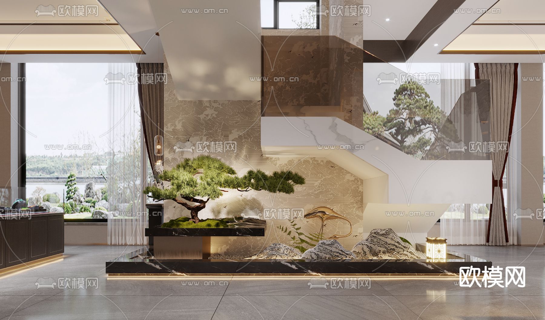 新中式玄关绿植 造景小品3d模型