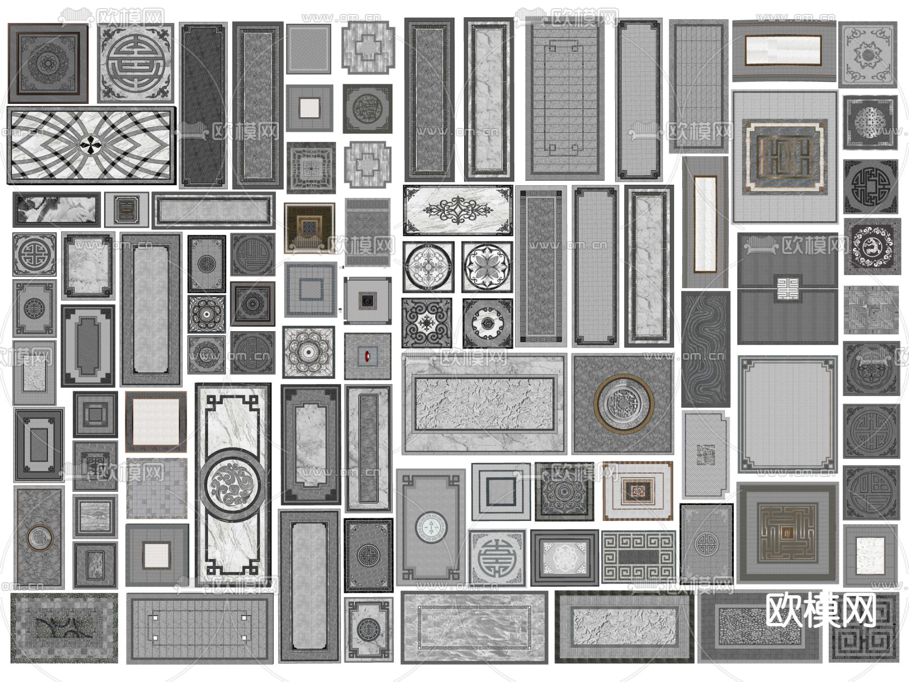 新中式地面铺装 拼花瓷砖su模型下载