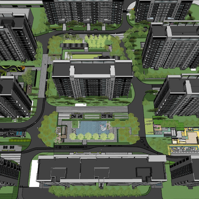  现代居住区鸟瞰su模型 