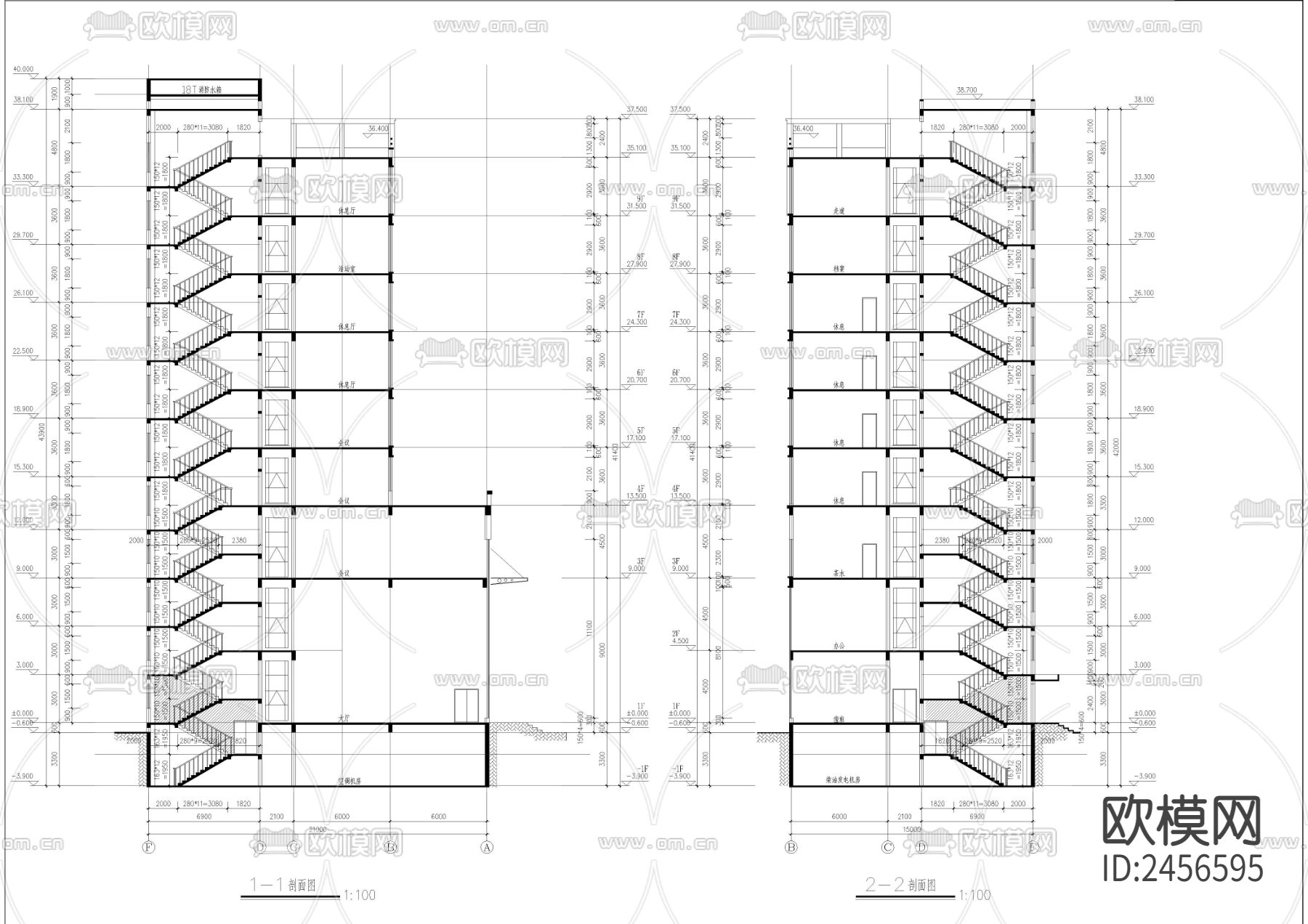 九层办公楼cad平面图下载（渲染图4）