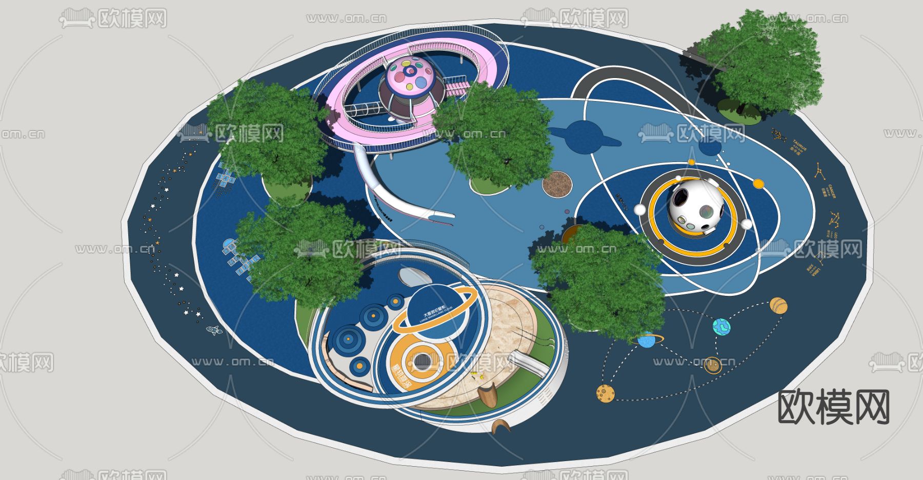 现代椭圆形星球主题儿童区su模型下载（渲染图2）