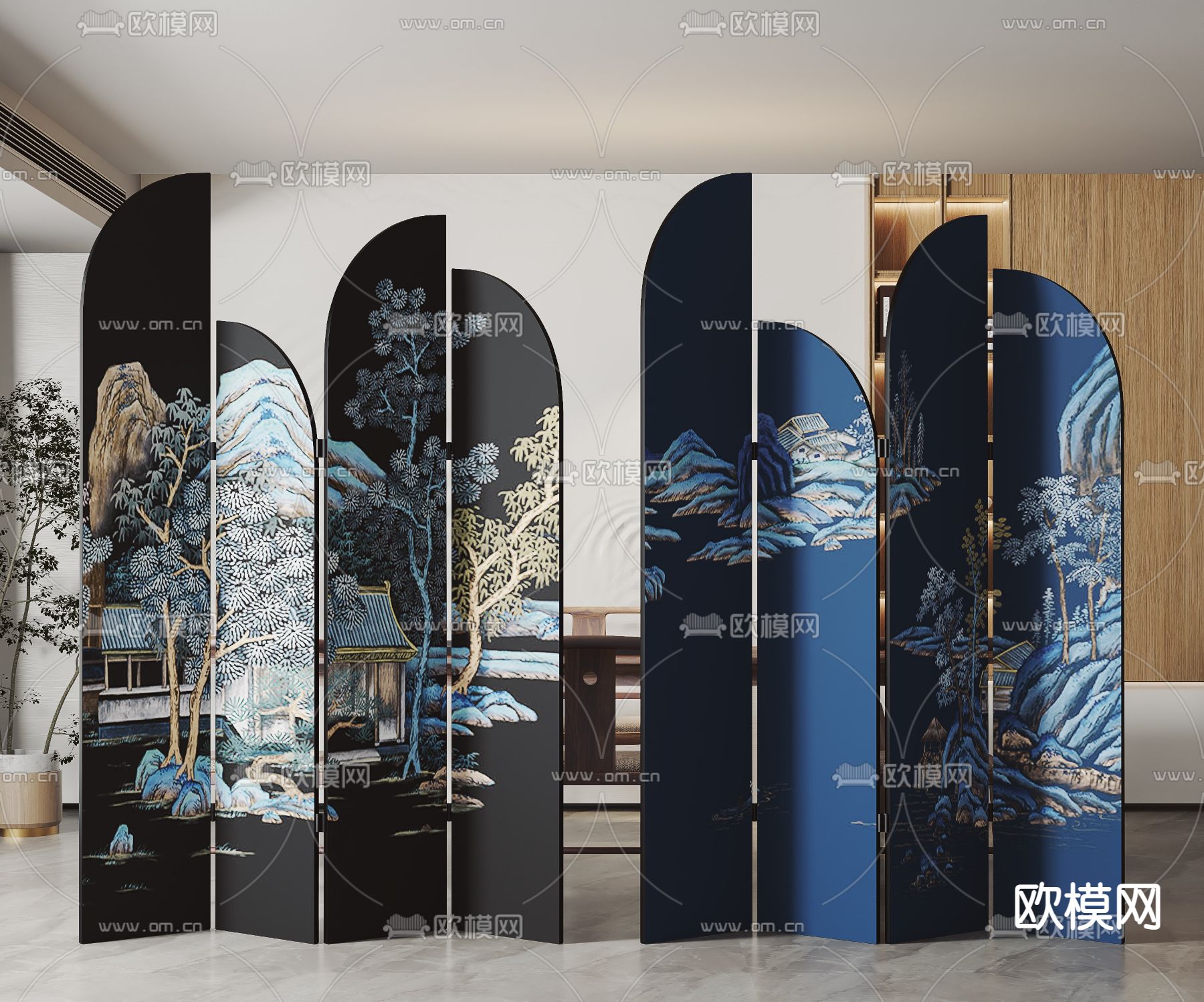 新中式折叠屏风 隔断su模型下载（渲染图1）