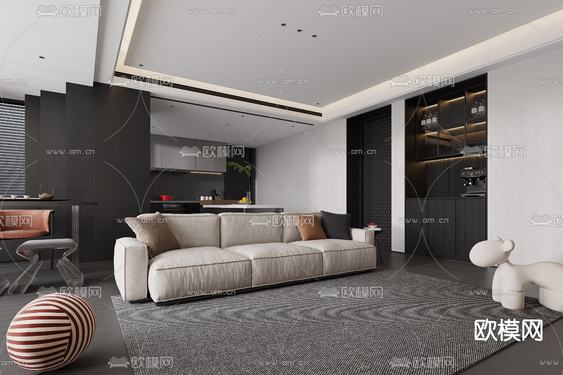 暗黑风客厅餐厅3d模型下载（渲染图1）