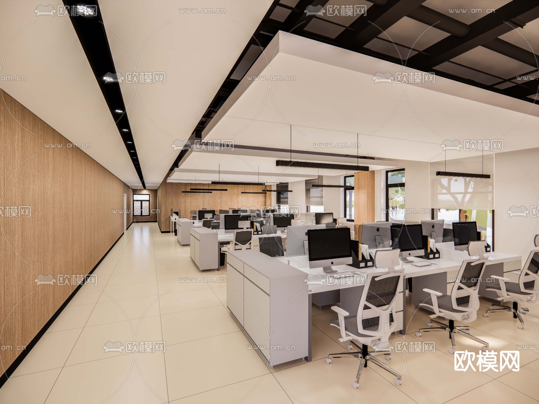 敞开式办公室 办公走道su模型下载