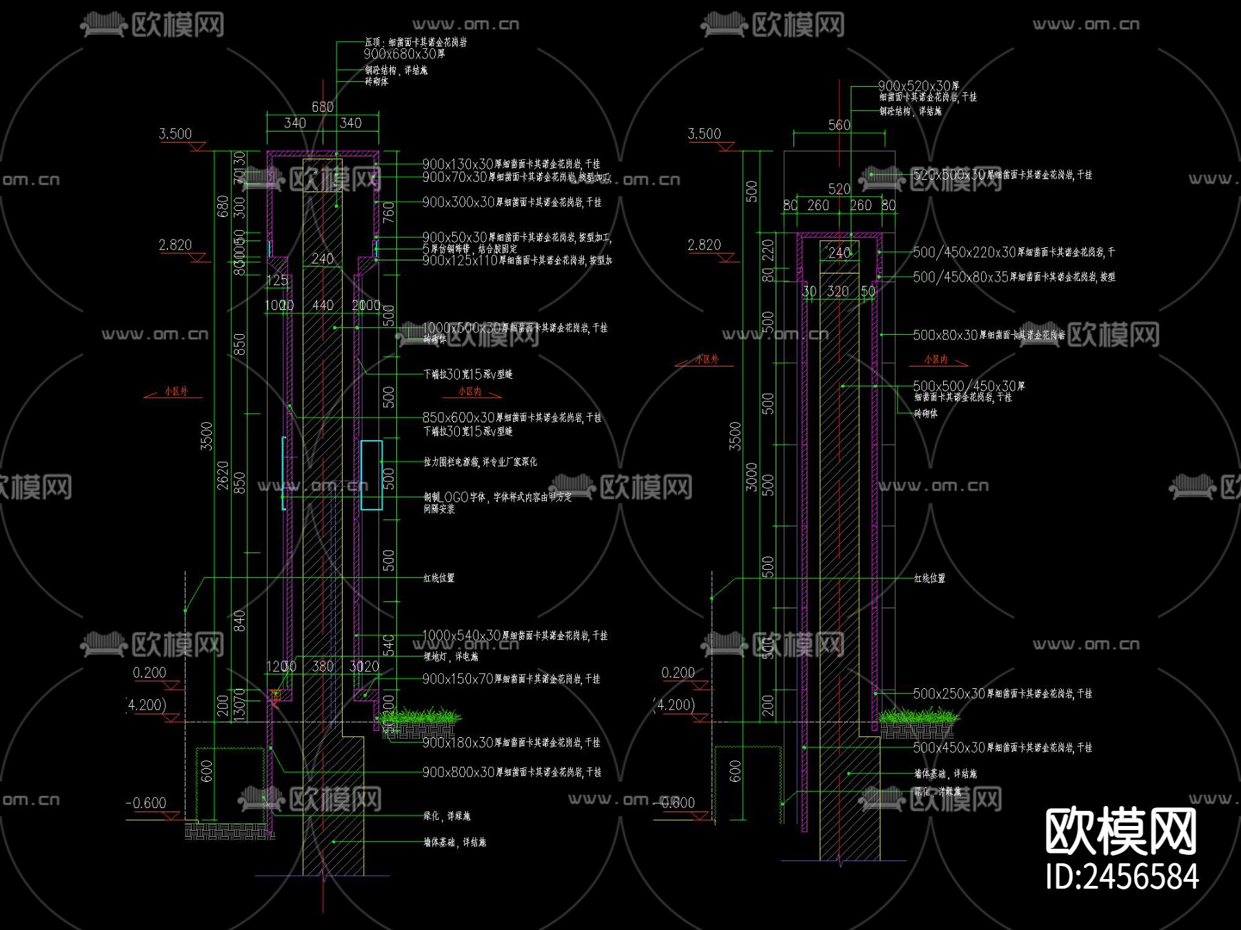 欧式景墙围墙cad详图下载（渲染图5）