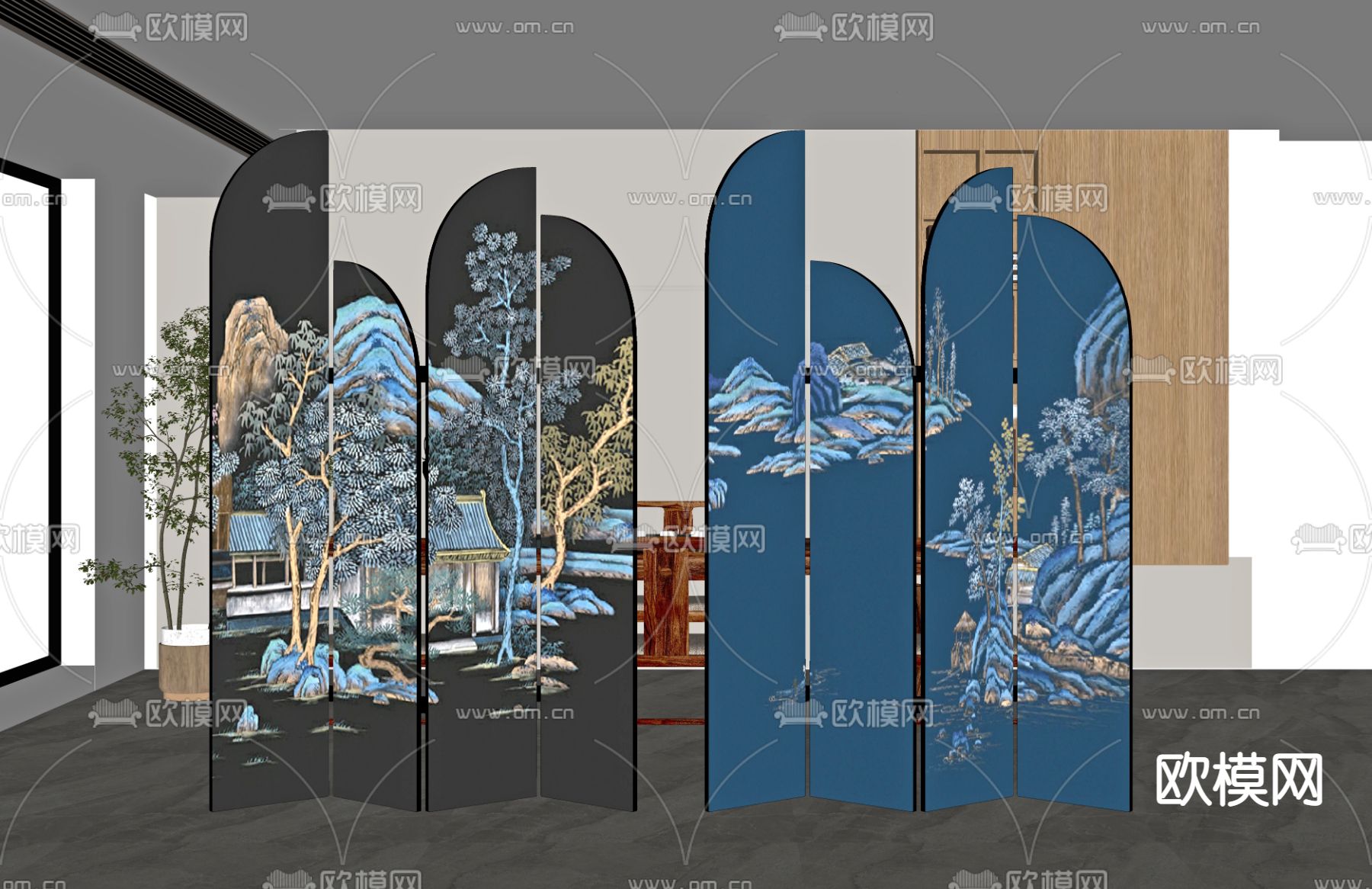 新中式折叠屏风 隔断su模型下载（渲染图2）