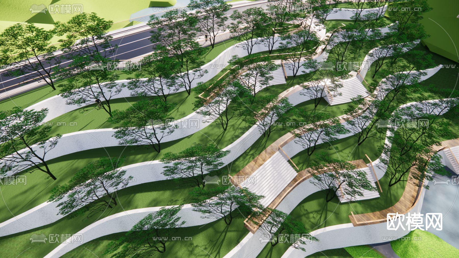 亲水步道台阶景观 水边高差设计 台地绿化设计 - sketchup网