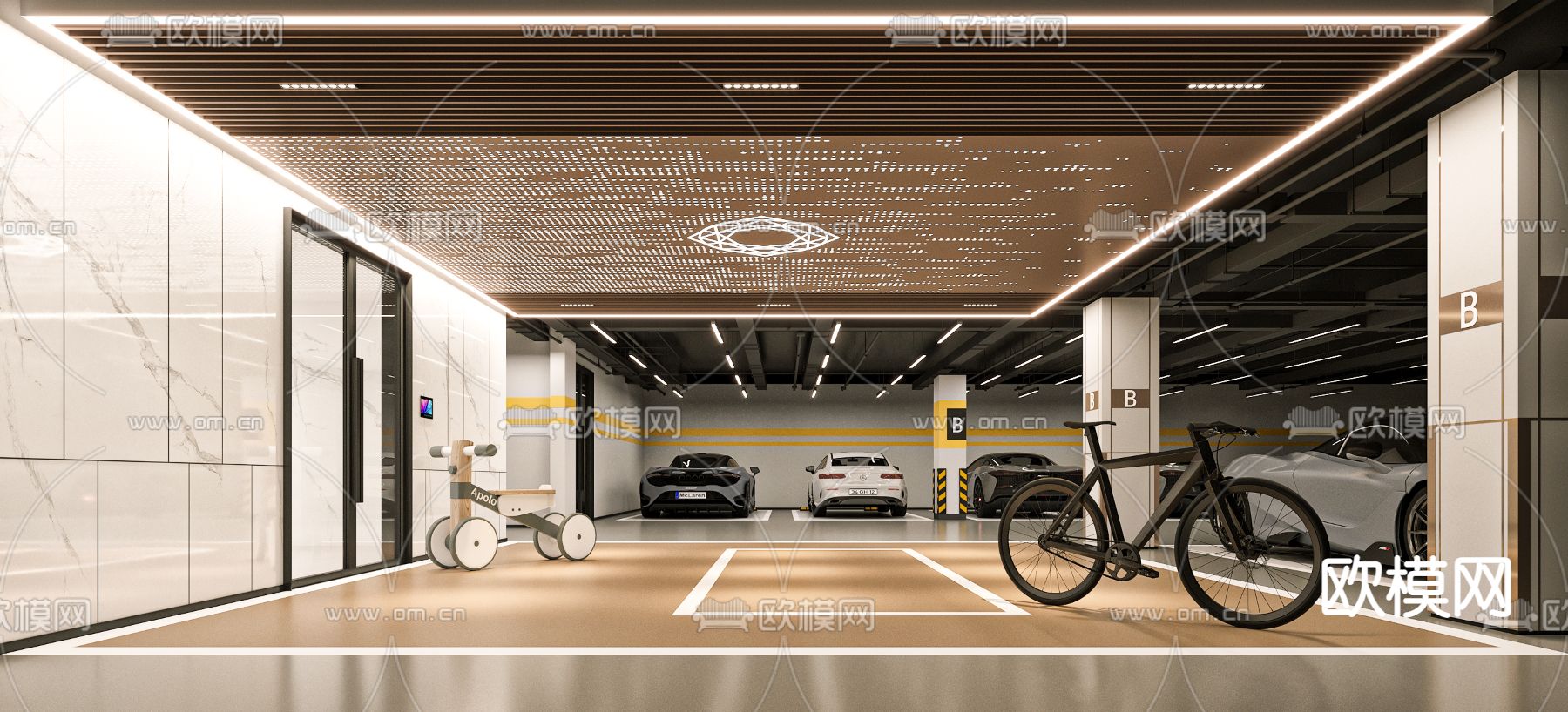 现代地下停车场 停车库su模型下载（渲染图1）