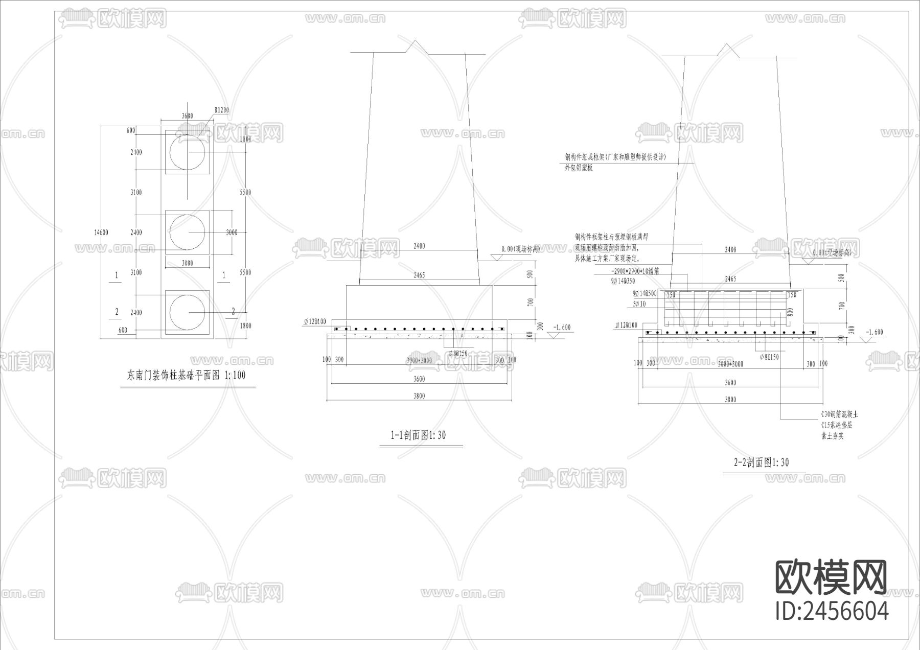 大门建筑结构cad平面图下载（渲染图3）
