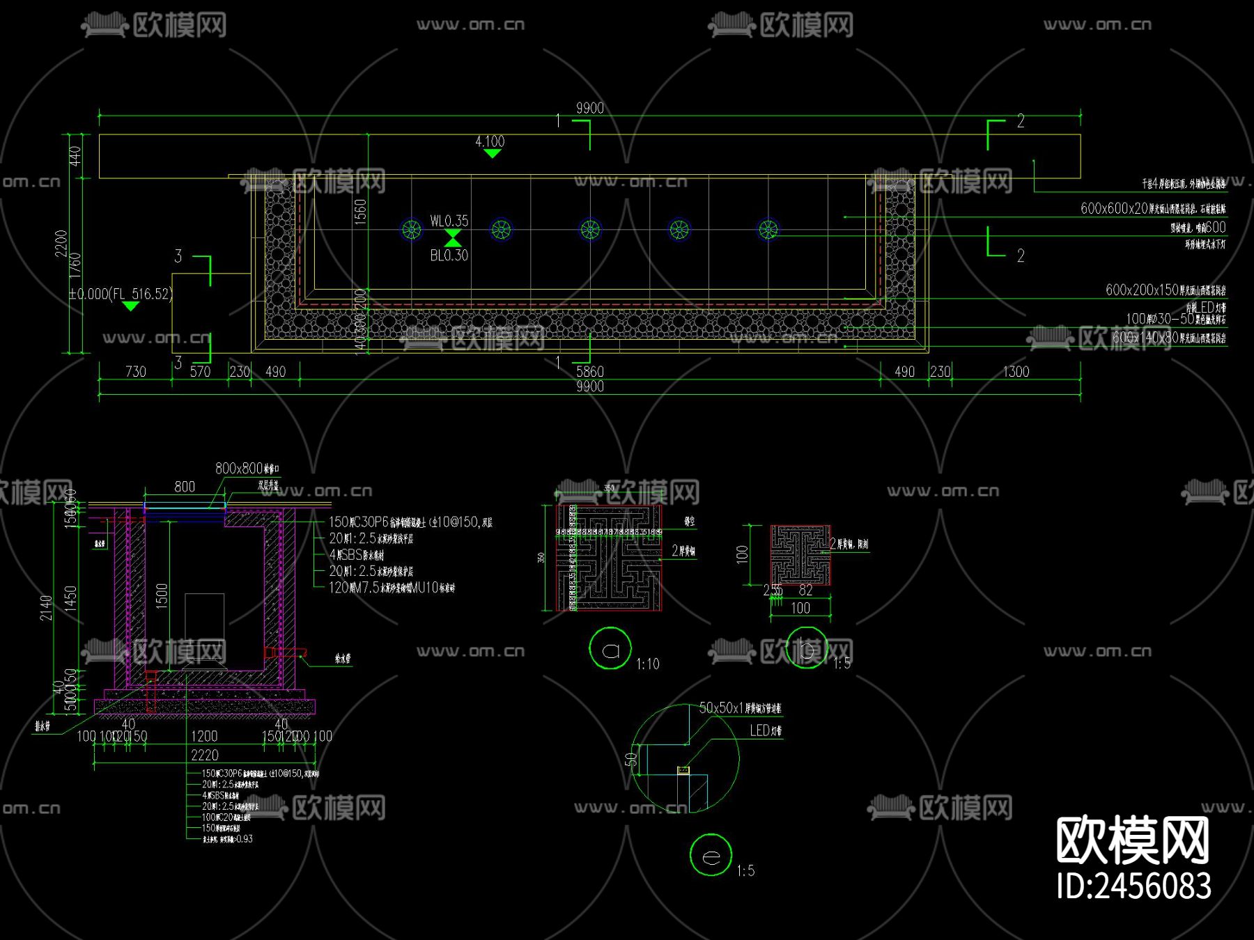 涌泉水景景墙cad详图下载（渲染图3）