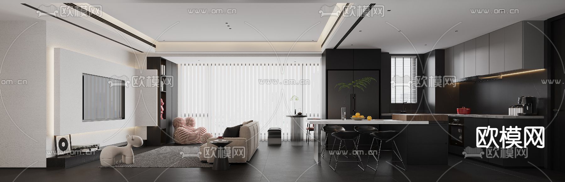 暗黑风客厅餐厅3d模型下载（渲染图3）