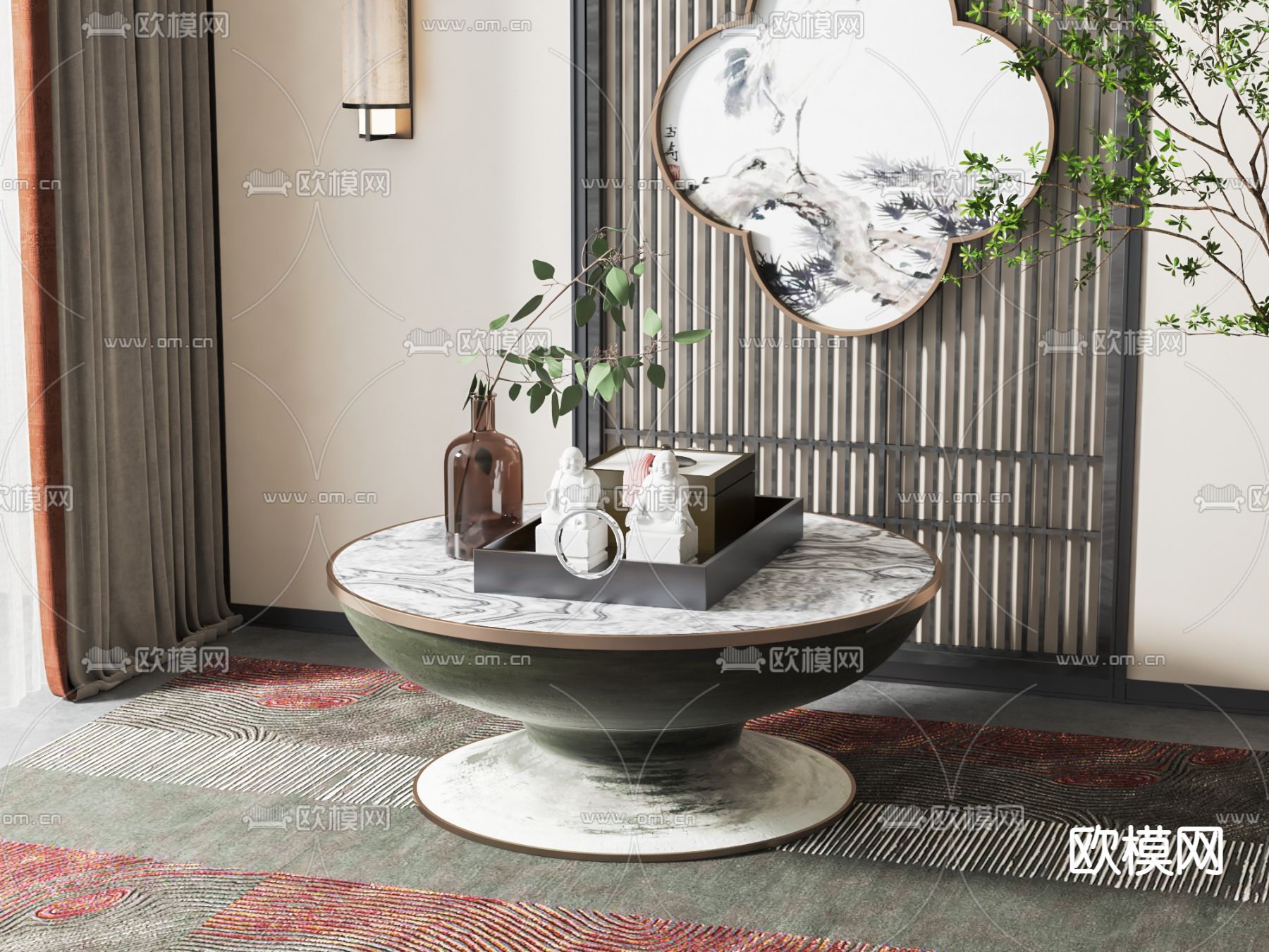 新中式大理石茶几3d模型下载