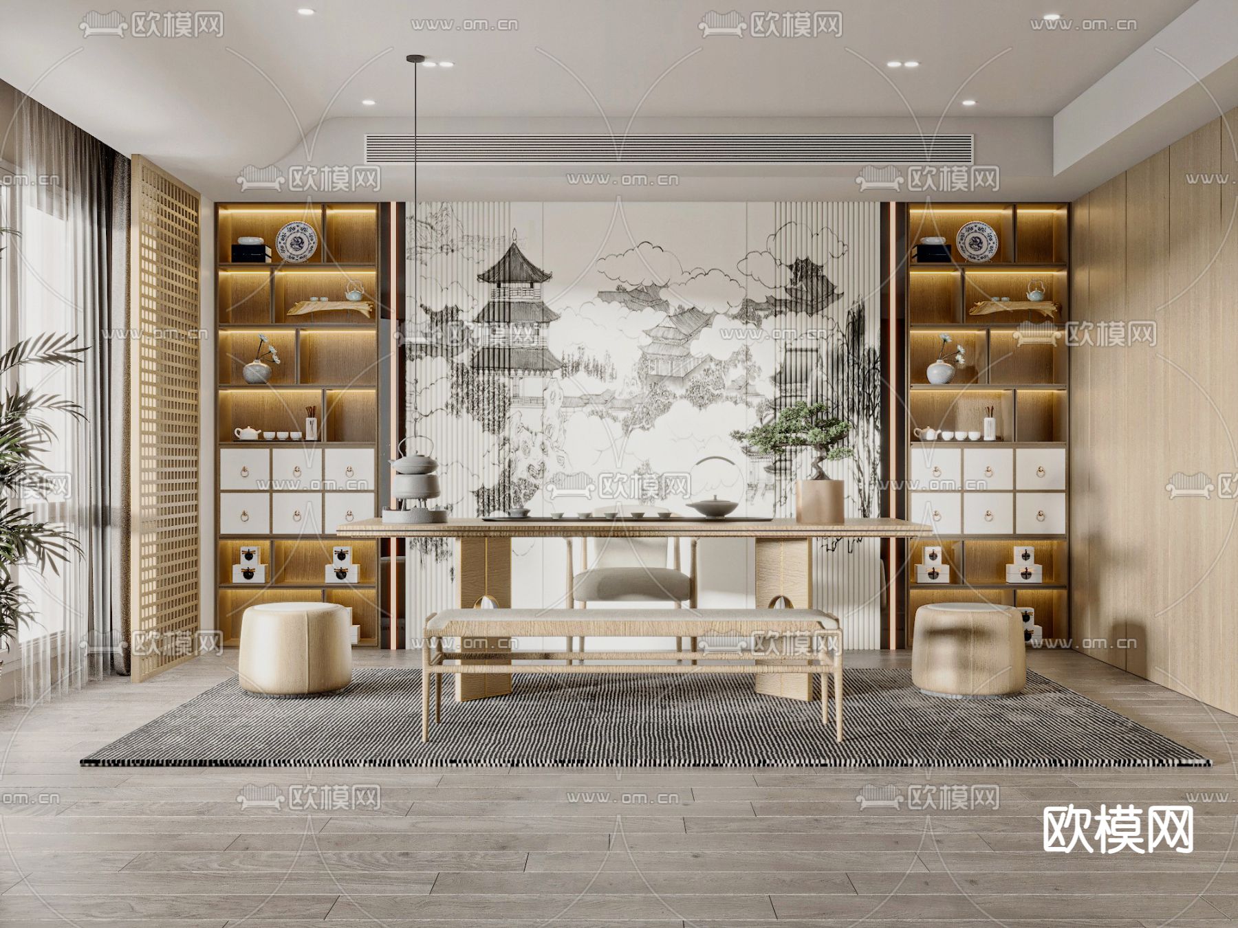 新中式茶室3d模型下载_ID12283835_3dmax免费模型-欧模网