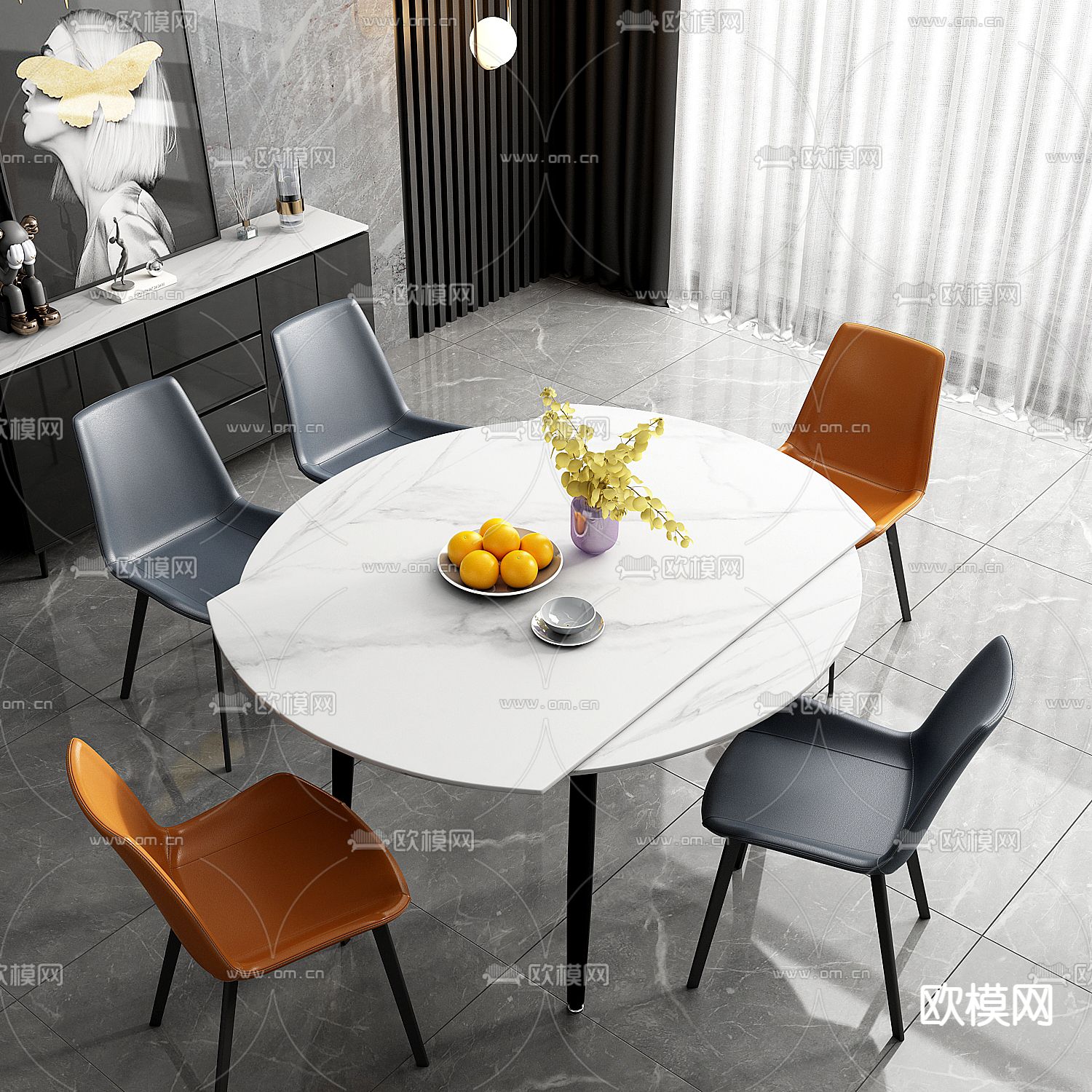 现代圆形餐桌椅3d模型下载