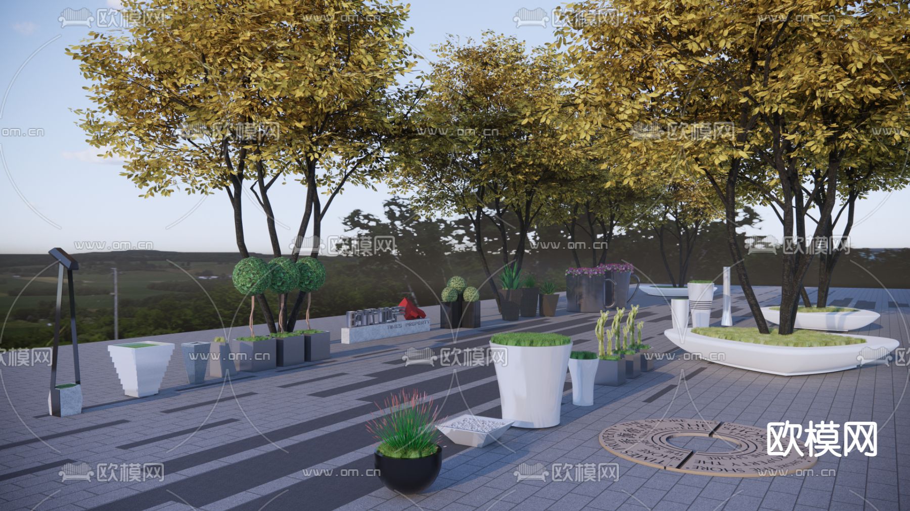 树池 花箱 花钵组合su模型下载（渲染图1）