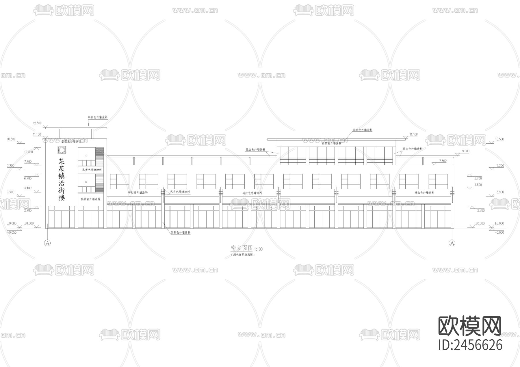 某城镇沿街楼CAD施工图下载（渲染图3）