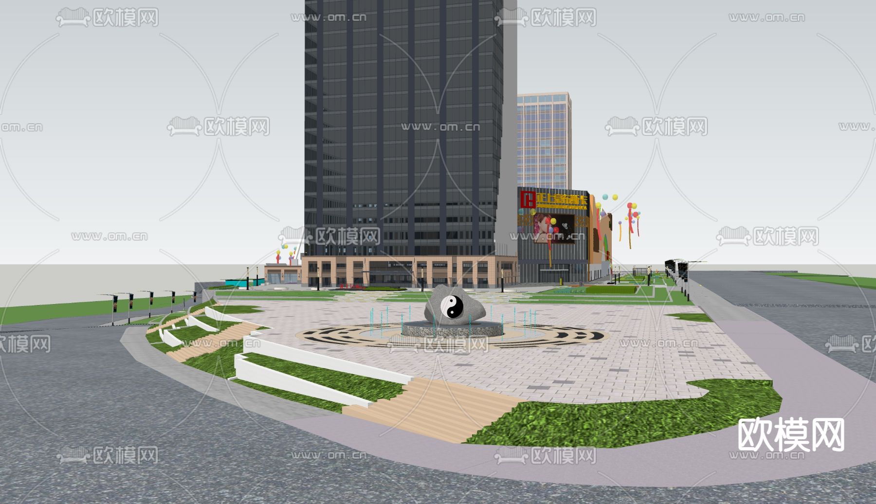 现代商业广场外观su模型下载（渲染图1）