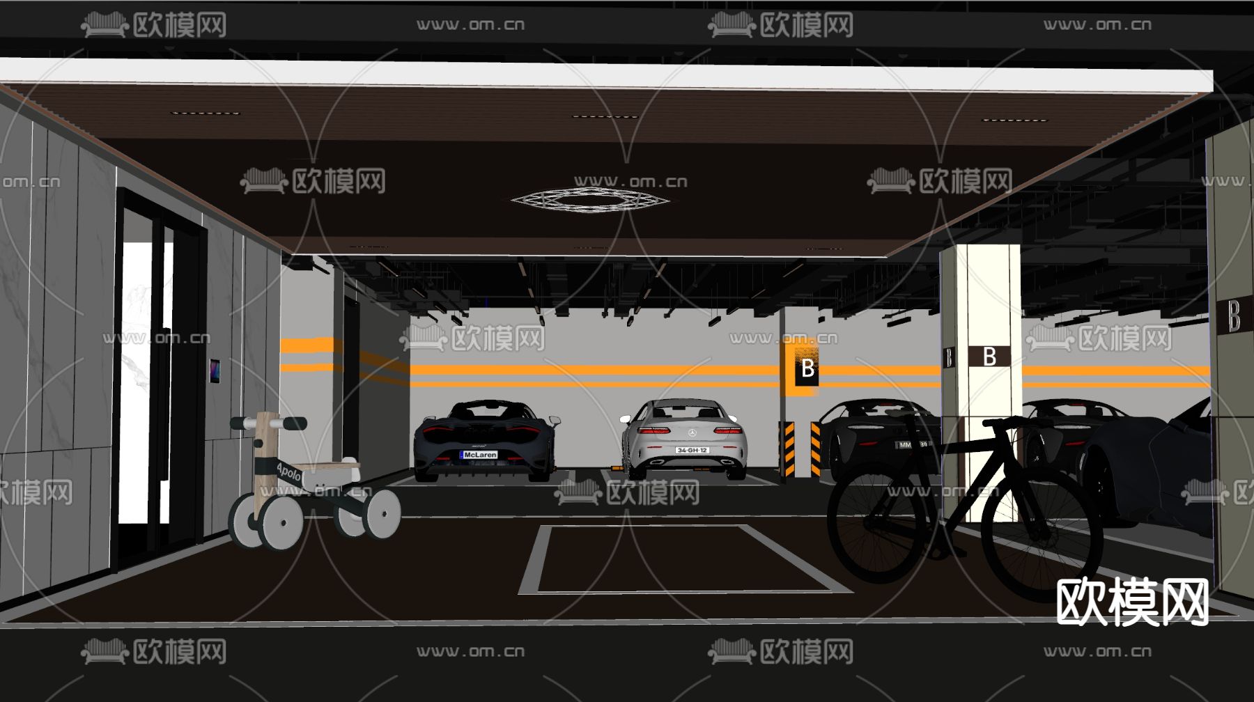 现代地下停车场 停车库su模型下载（渲染图2）