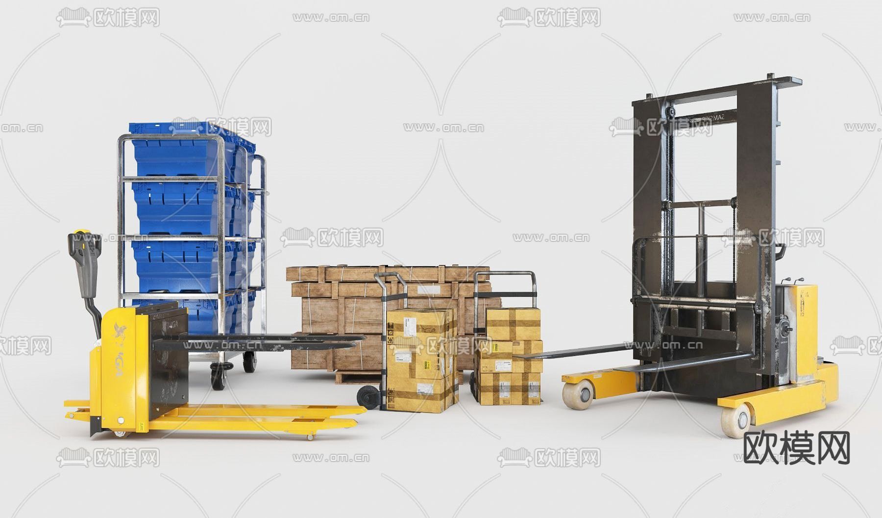 现代仓库货架 纸箱 叉车su模型下载（渲染图1）