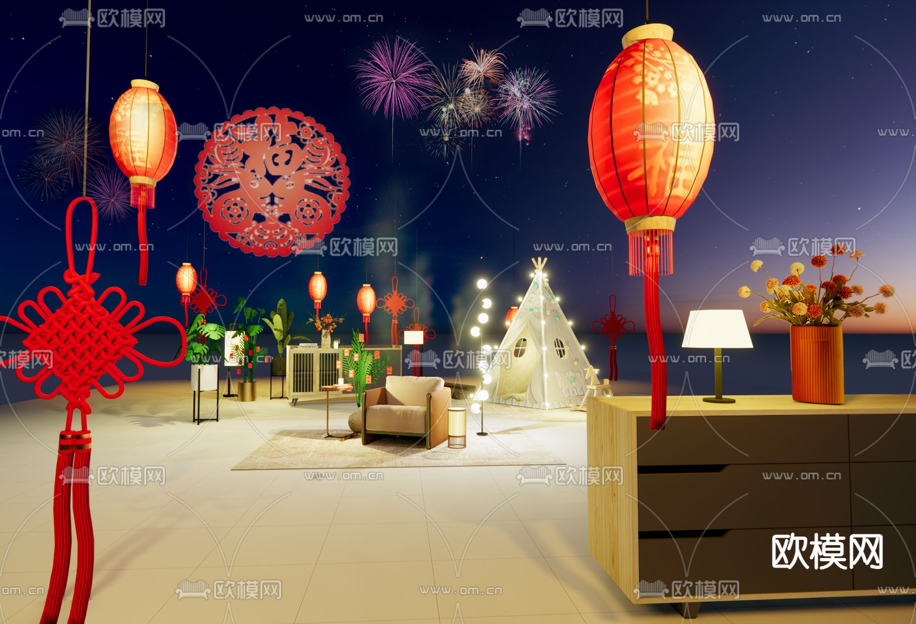 过年场景 摄影棚su模型