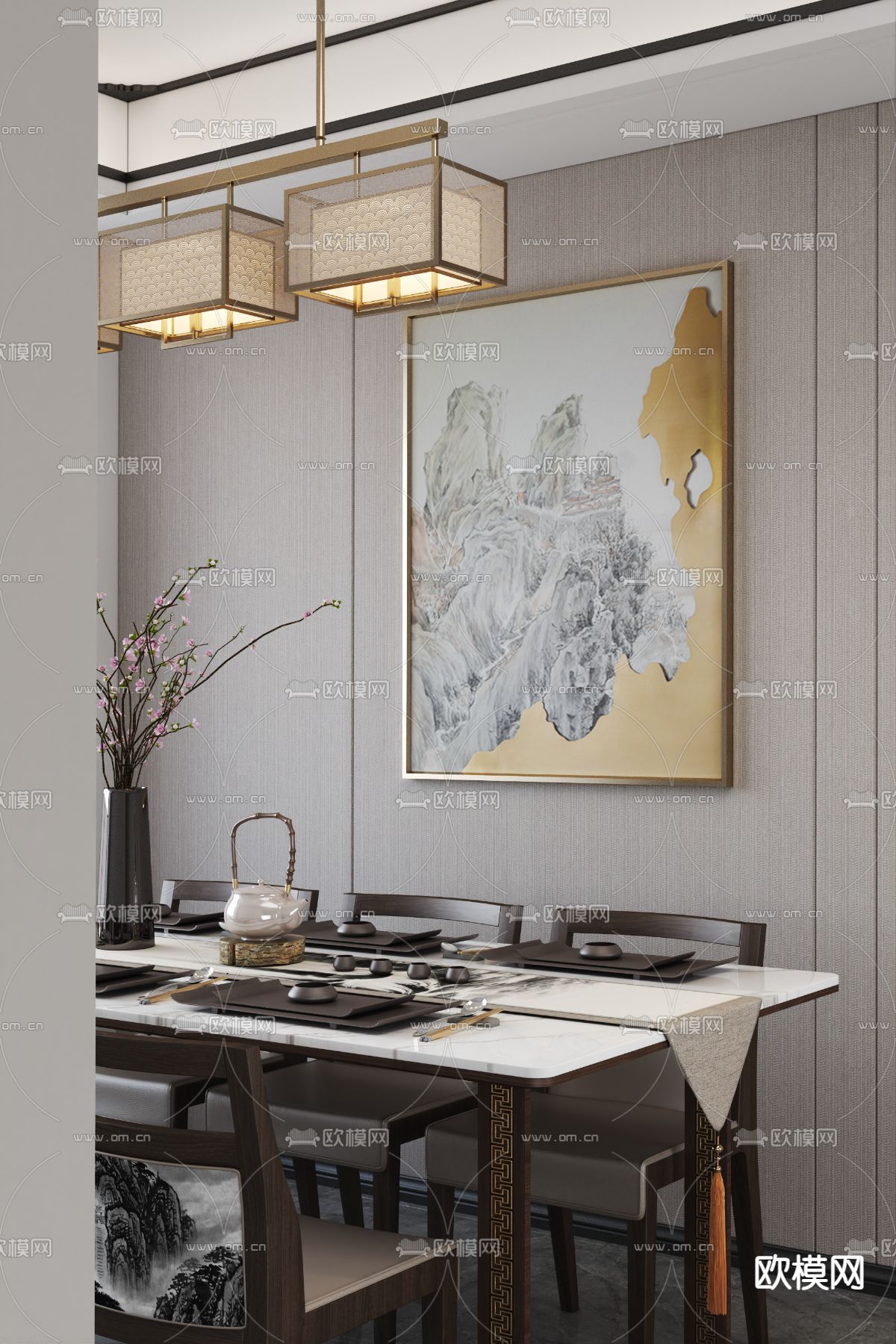 众睦设计 新中式餐厅su模型下载