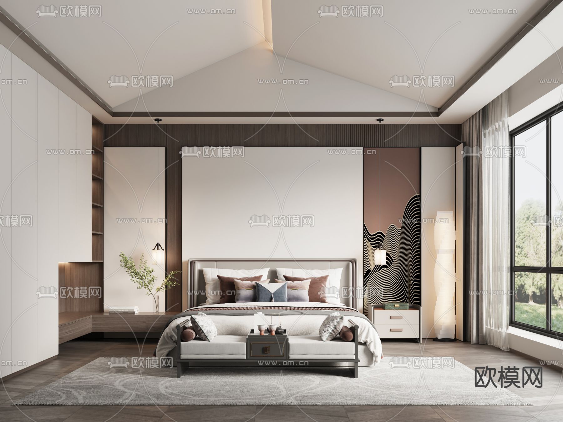 新中式卧室 主人房su模型下载（渲染图1）