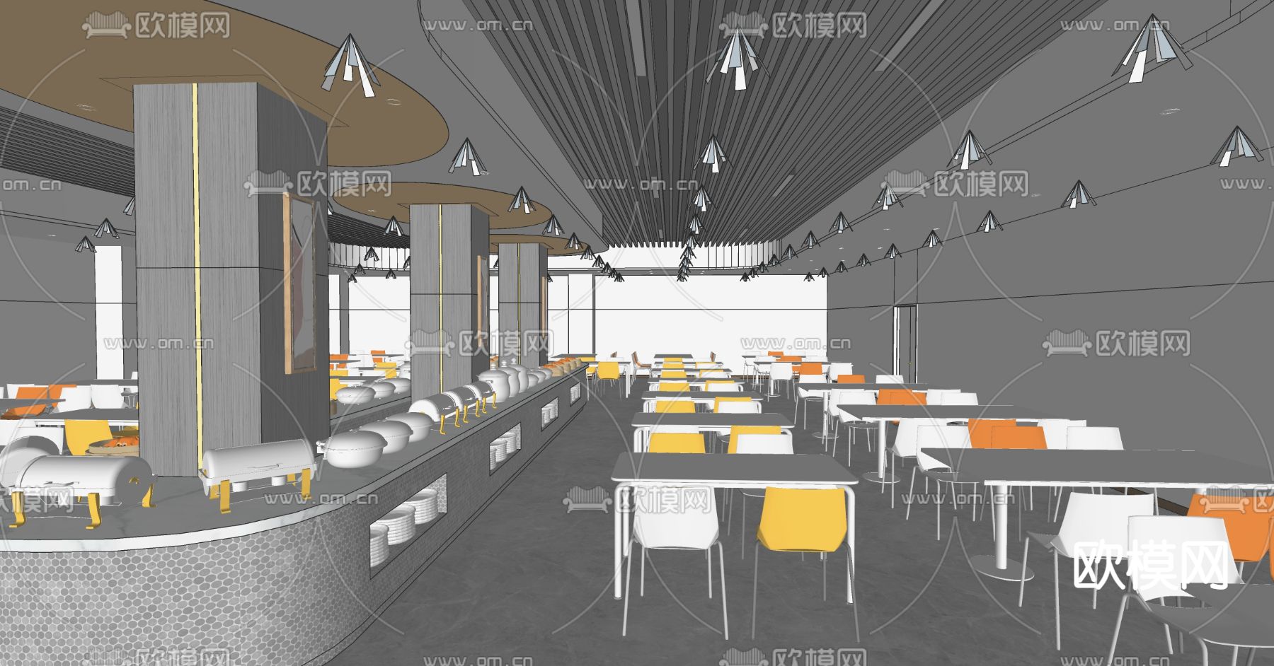现代员工食堂 餐厅su模型