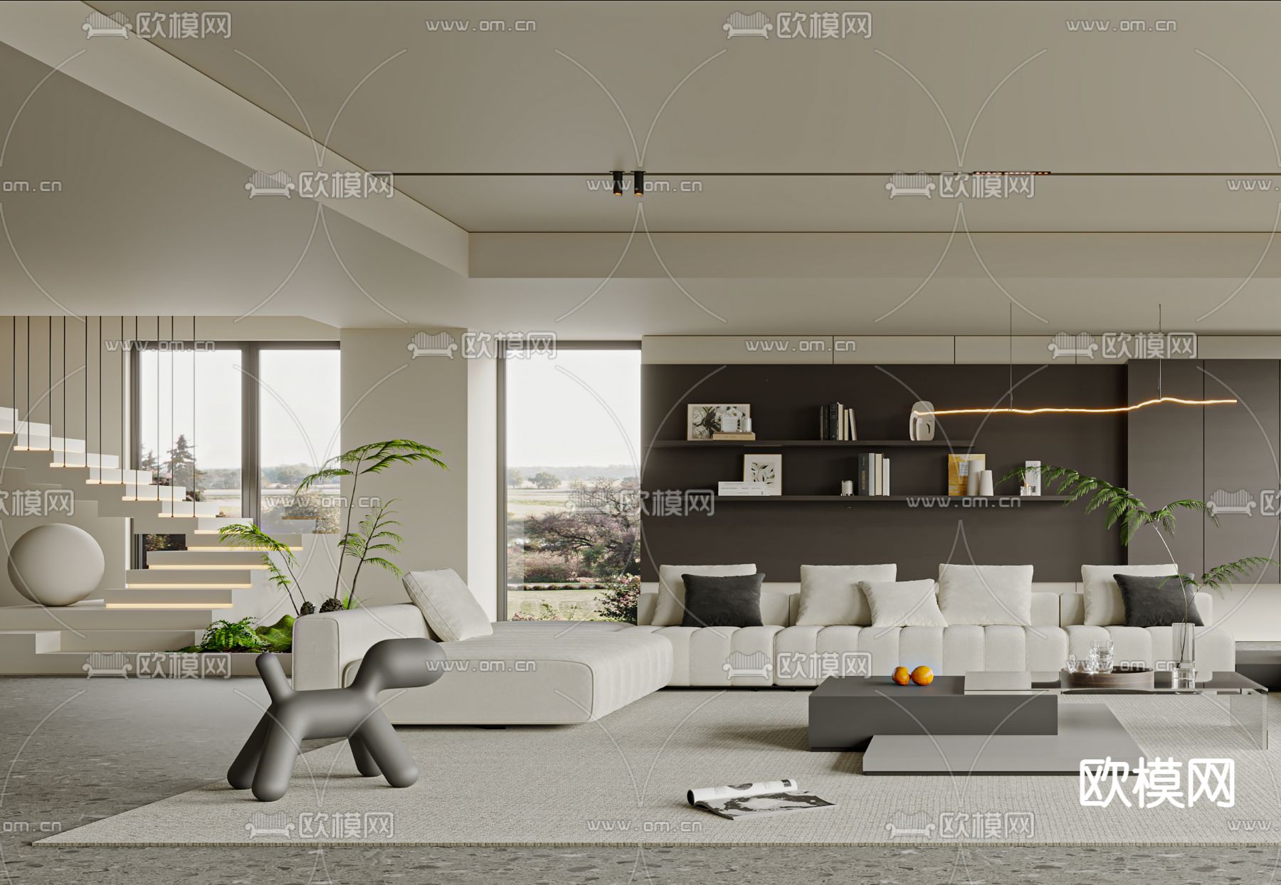 高级灰客厅3d模型下载（渲染图3）