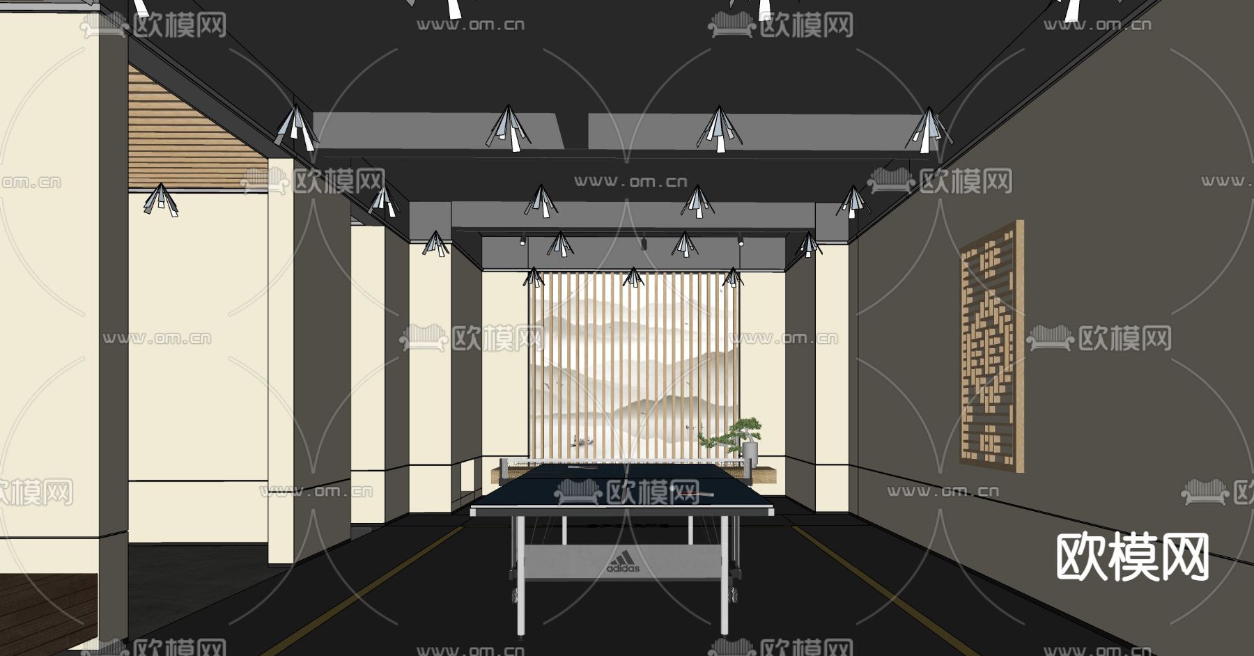 新中式乒乓球室su模型