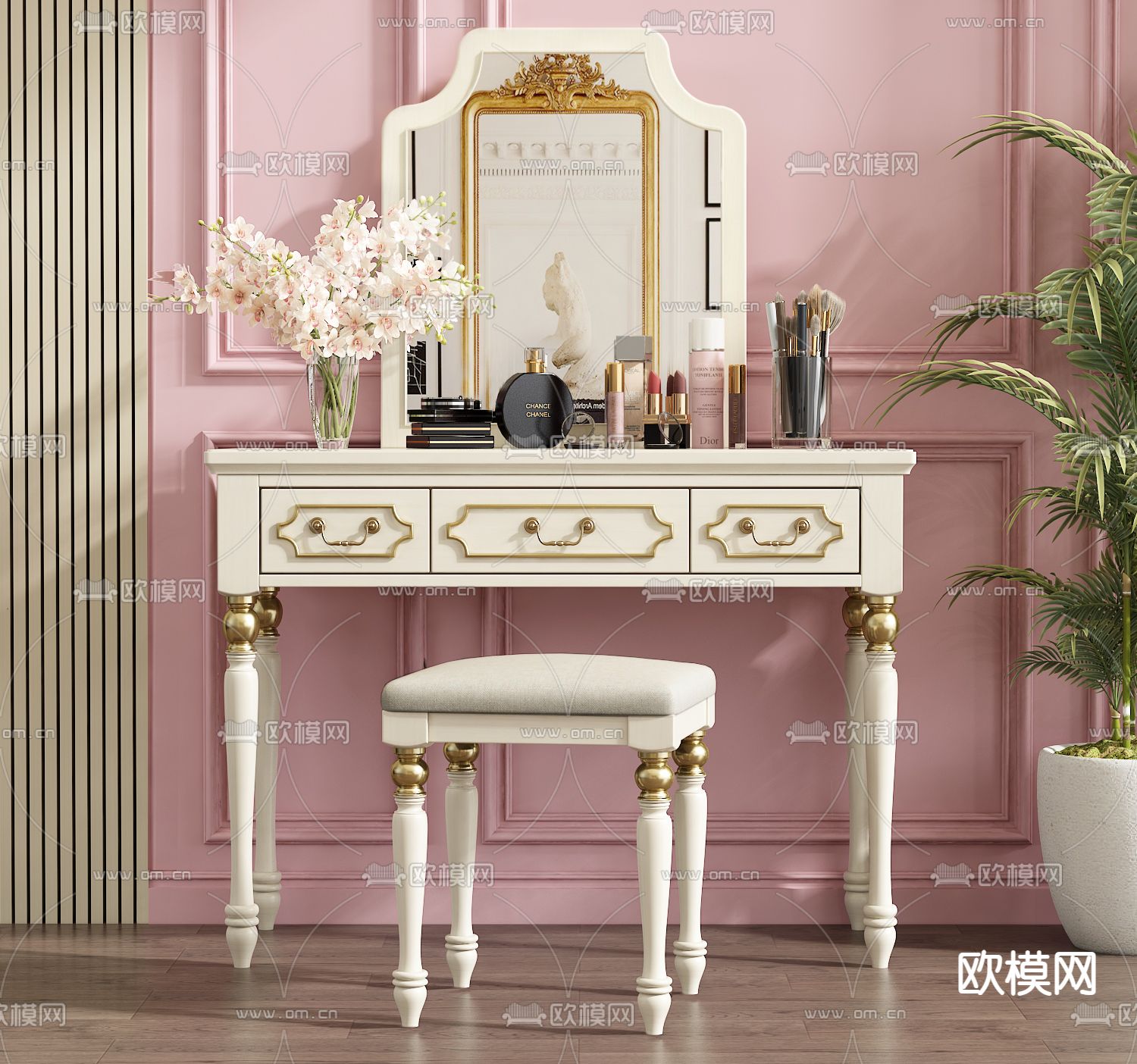 美式梳妆台su模型下载（渲染图1）