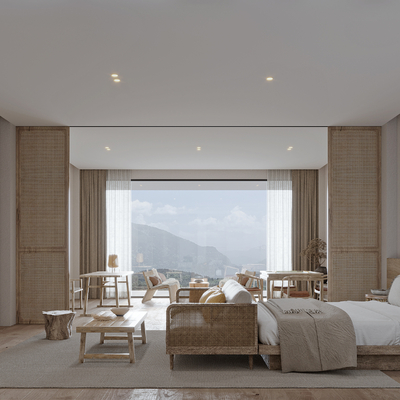  侘寂风民宿客房 大床房su模型 