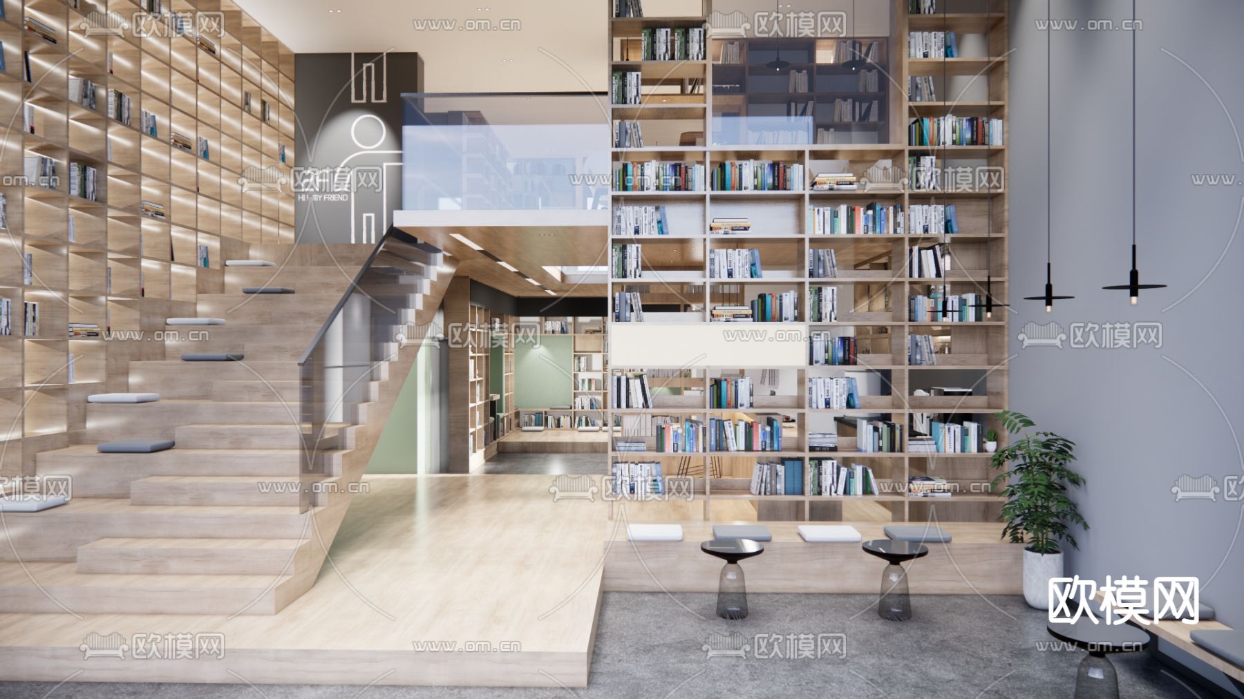 现代书吧 阅读空间su模型下载（渲染图1）