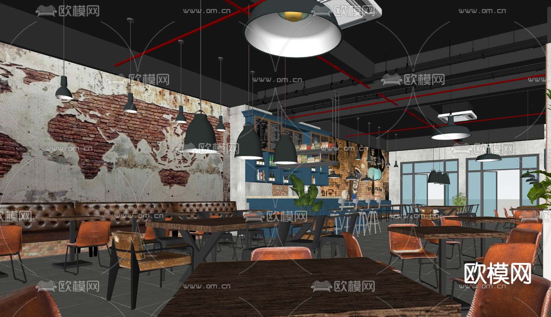工业风咖啡厅su模型下载（渲染图2）