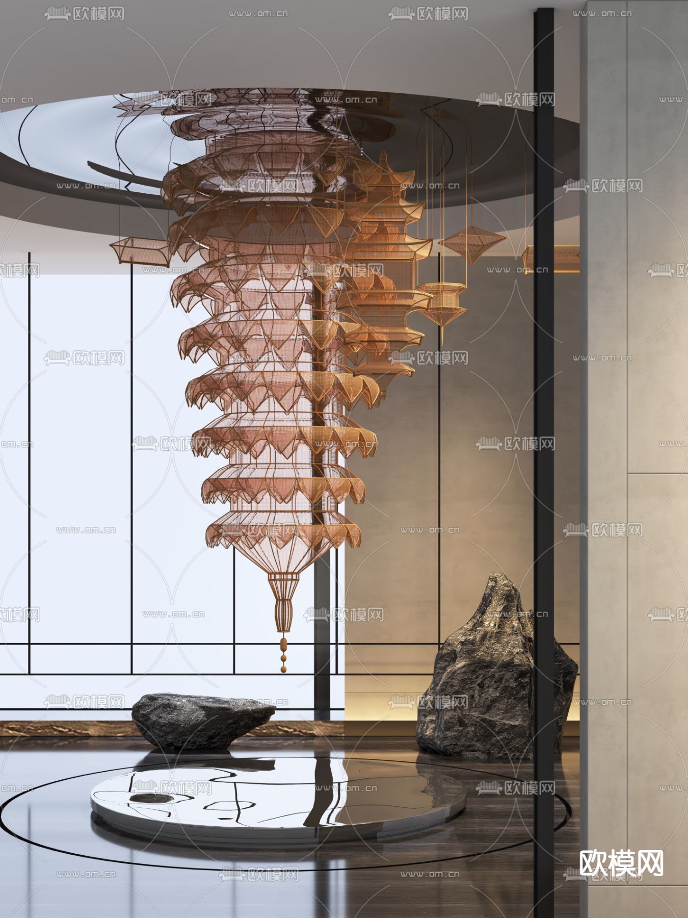 新中式艺术雕塑装置su模型下载（渲染图1）
