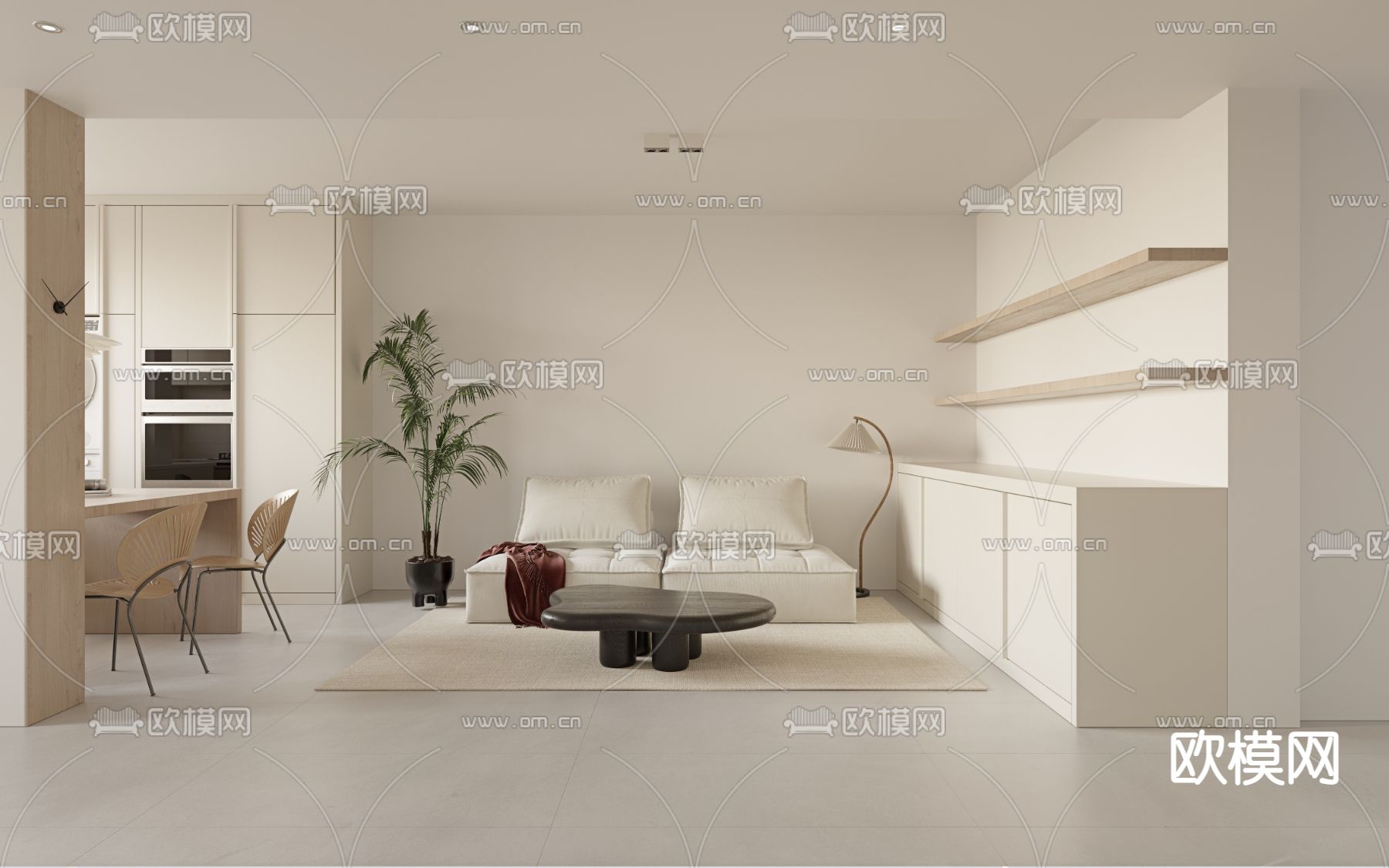 奶油风客餐厅3d模型下载（渲染图2）