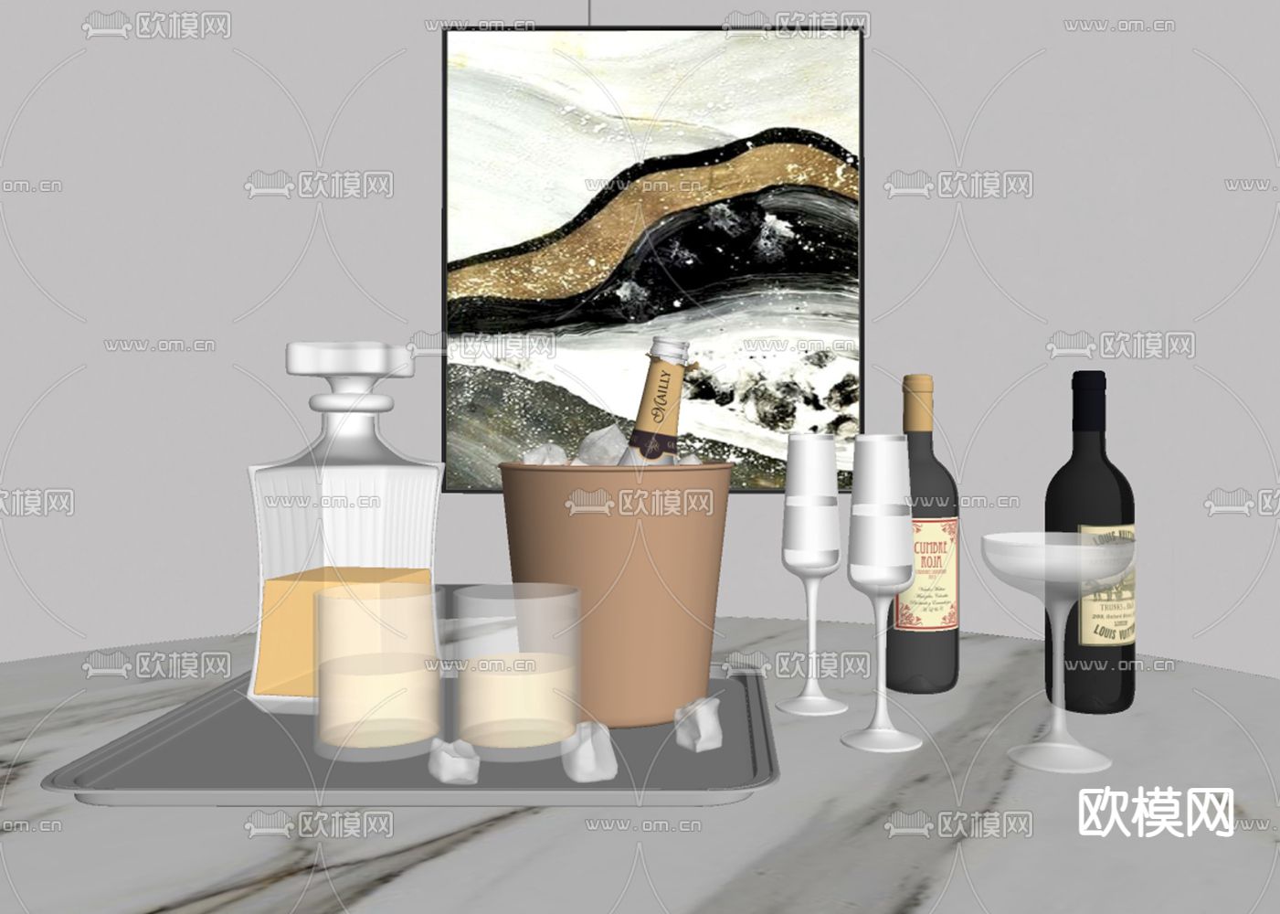 酒瓶酒杯 冰酒桶su模型