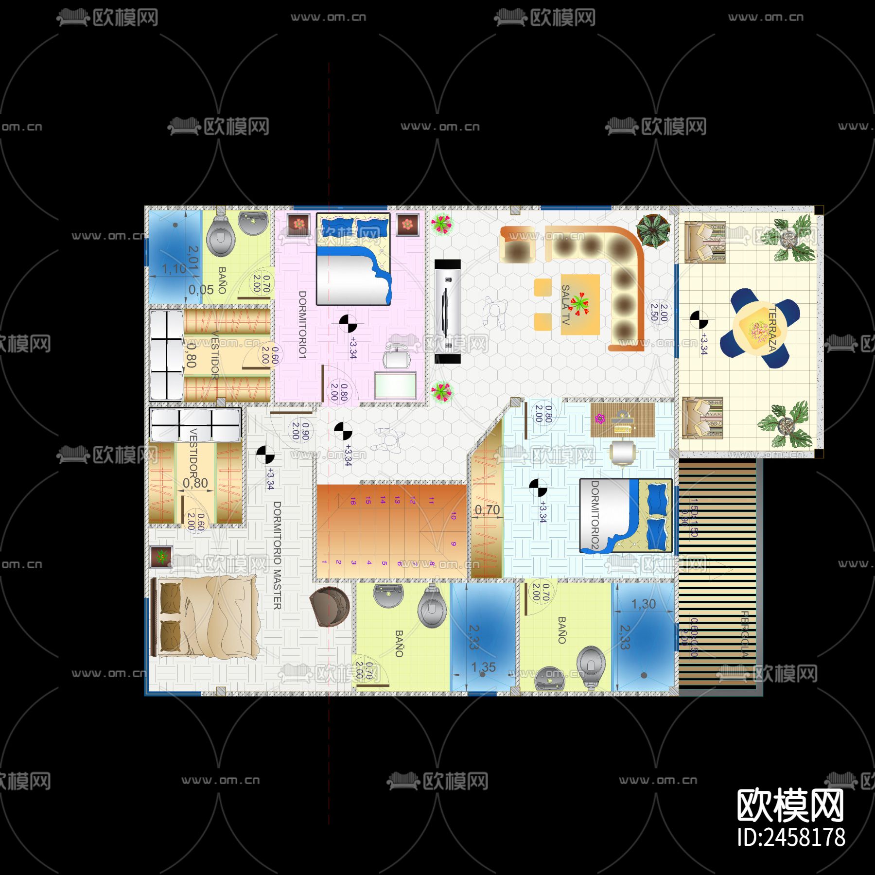 别墅CAD彩平图下载（渲染图1）