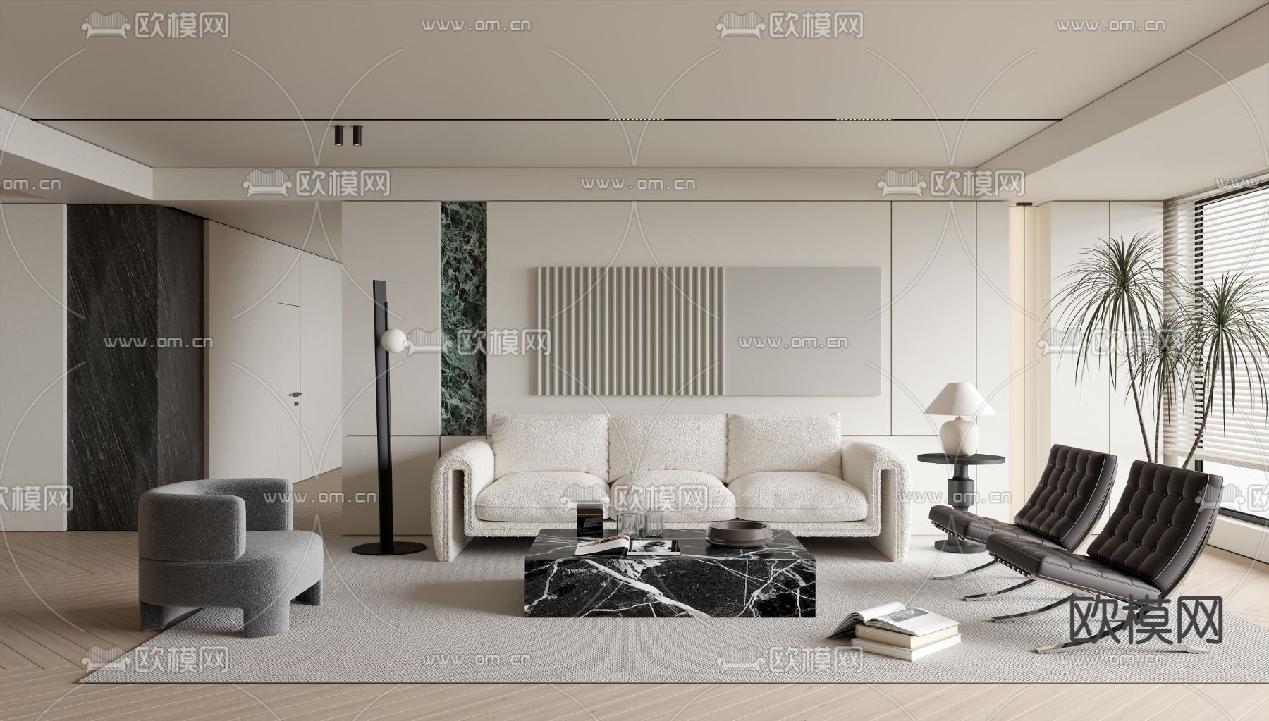 奶油风客厅su模型下载（渲染图1）