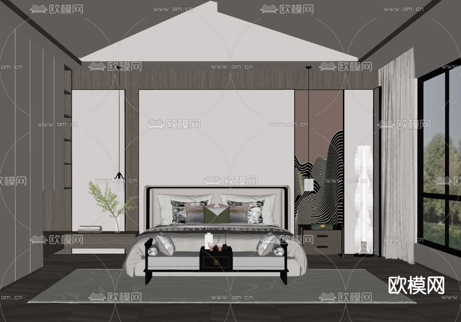 新中式卧室 主人房su模型下载（渲染图2）