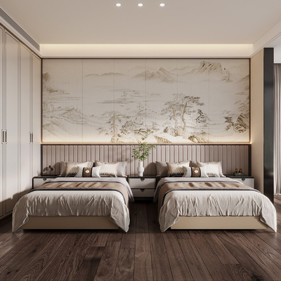  新中式酒店双床客房su模型 