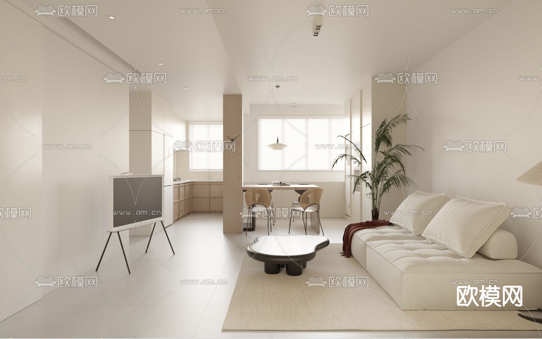 奶油风客餐厅3d模型下载（渲染图1）