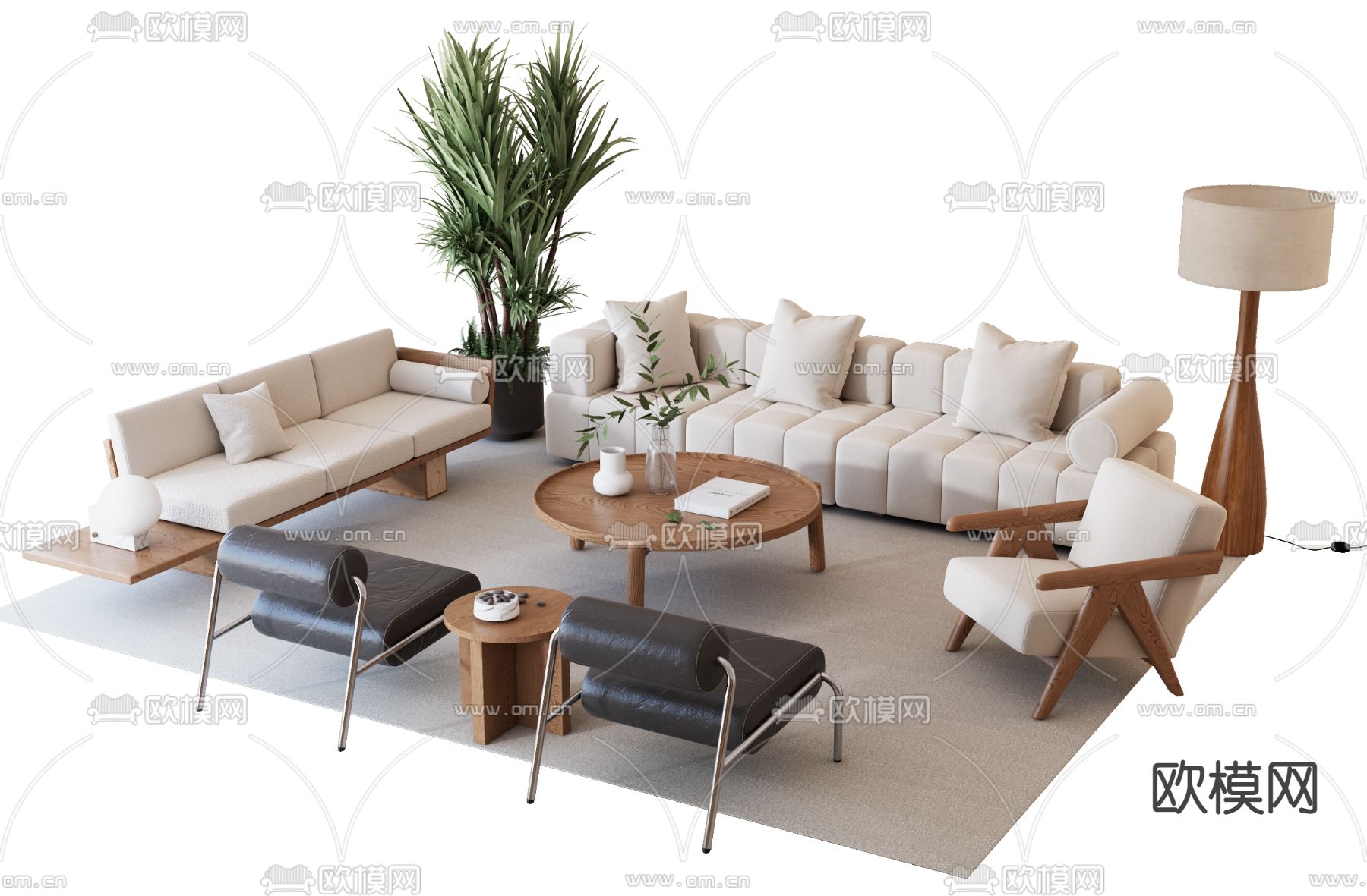 侘寂风组合沙发su模型下载（渲染图1）