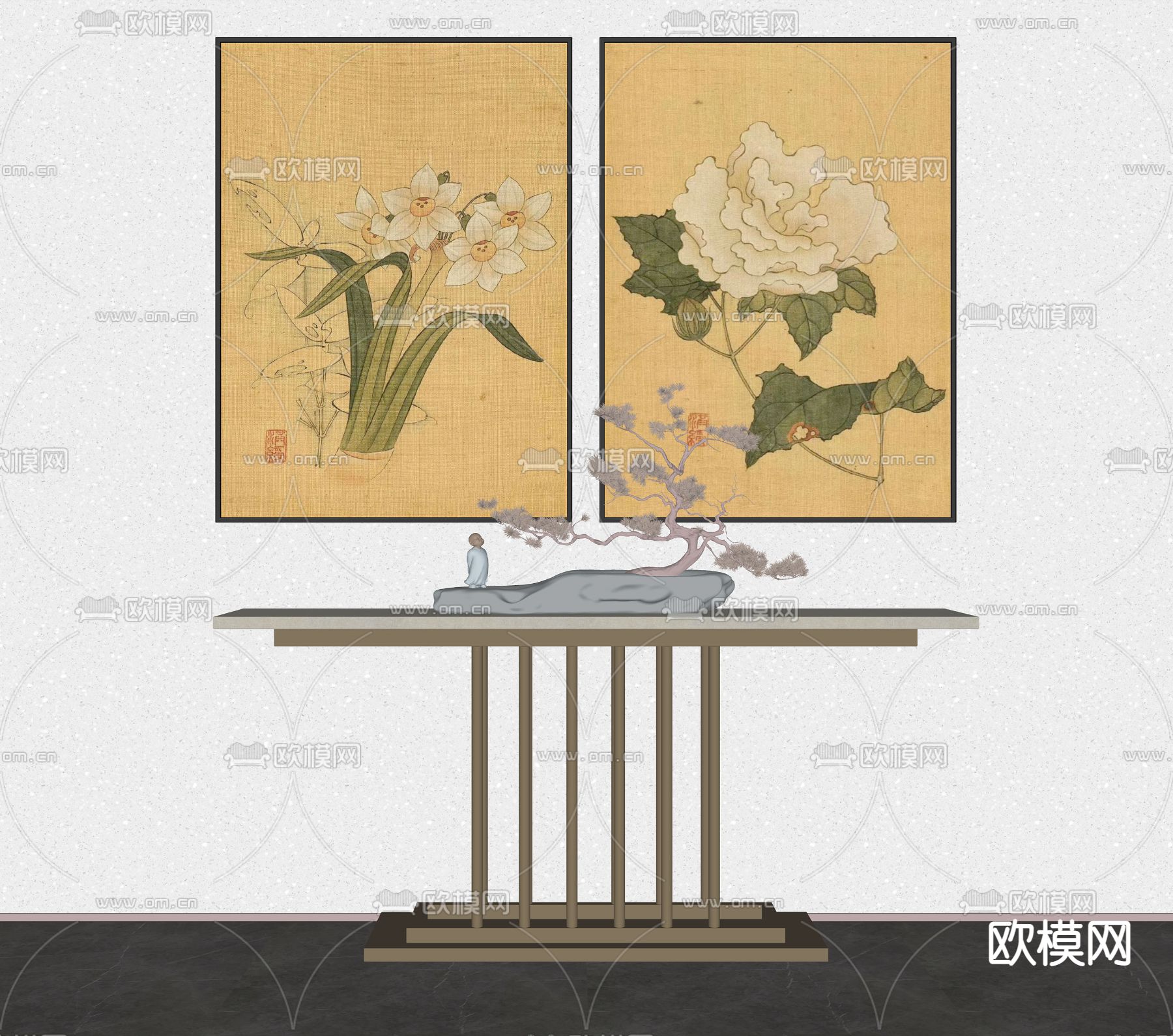 新中式端景台 条案su模型下载（渲染图2）