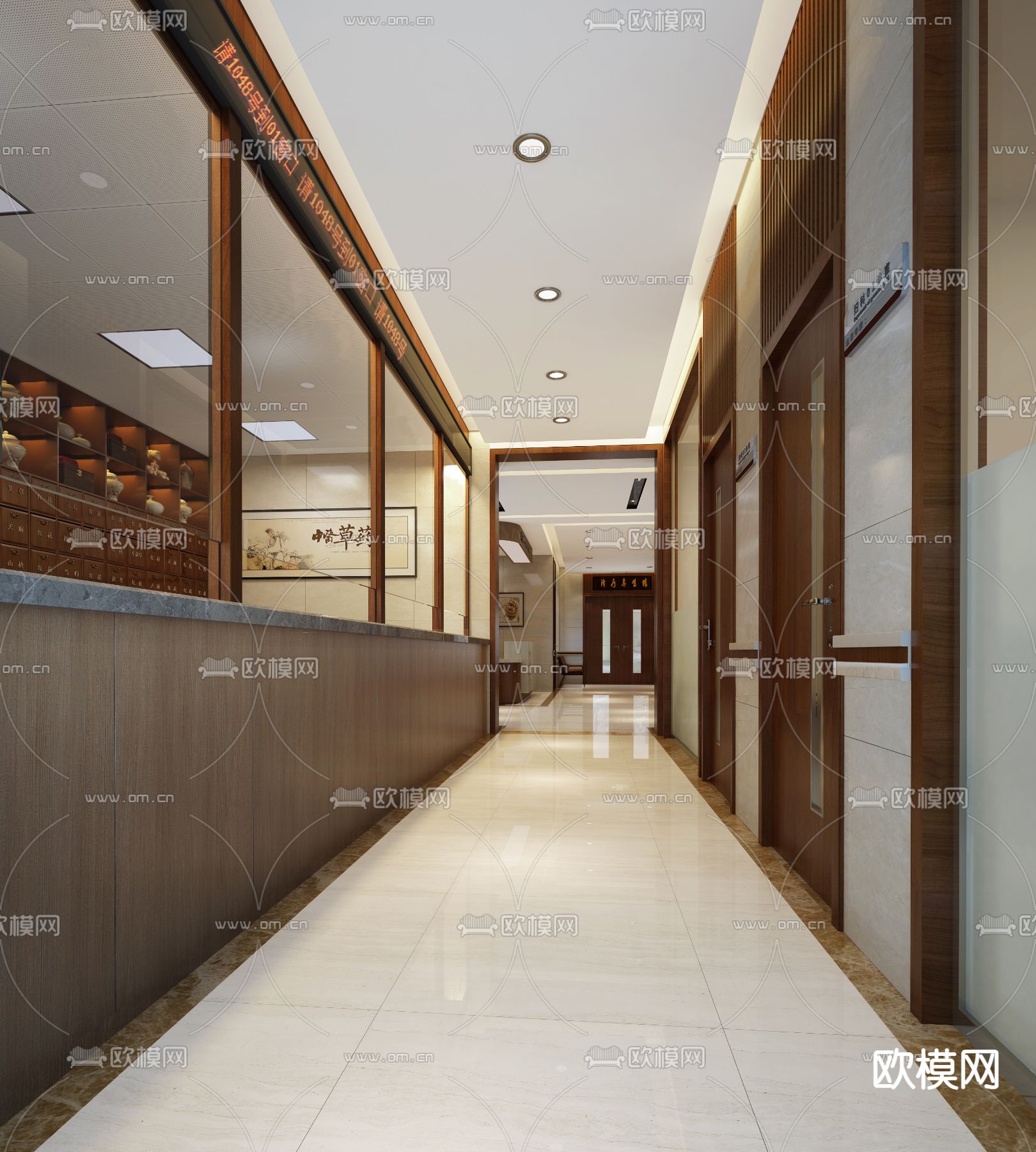 现代中医院前厅 走廊3d模型下载（渲染图2）