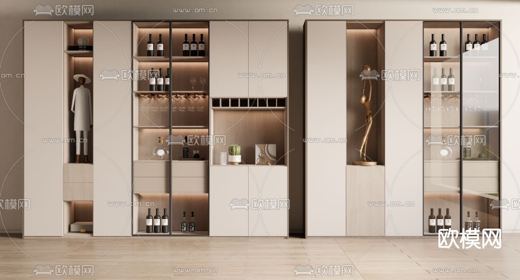 奶油风酒柜su模型下载（渲染图1）