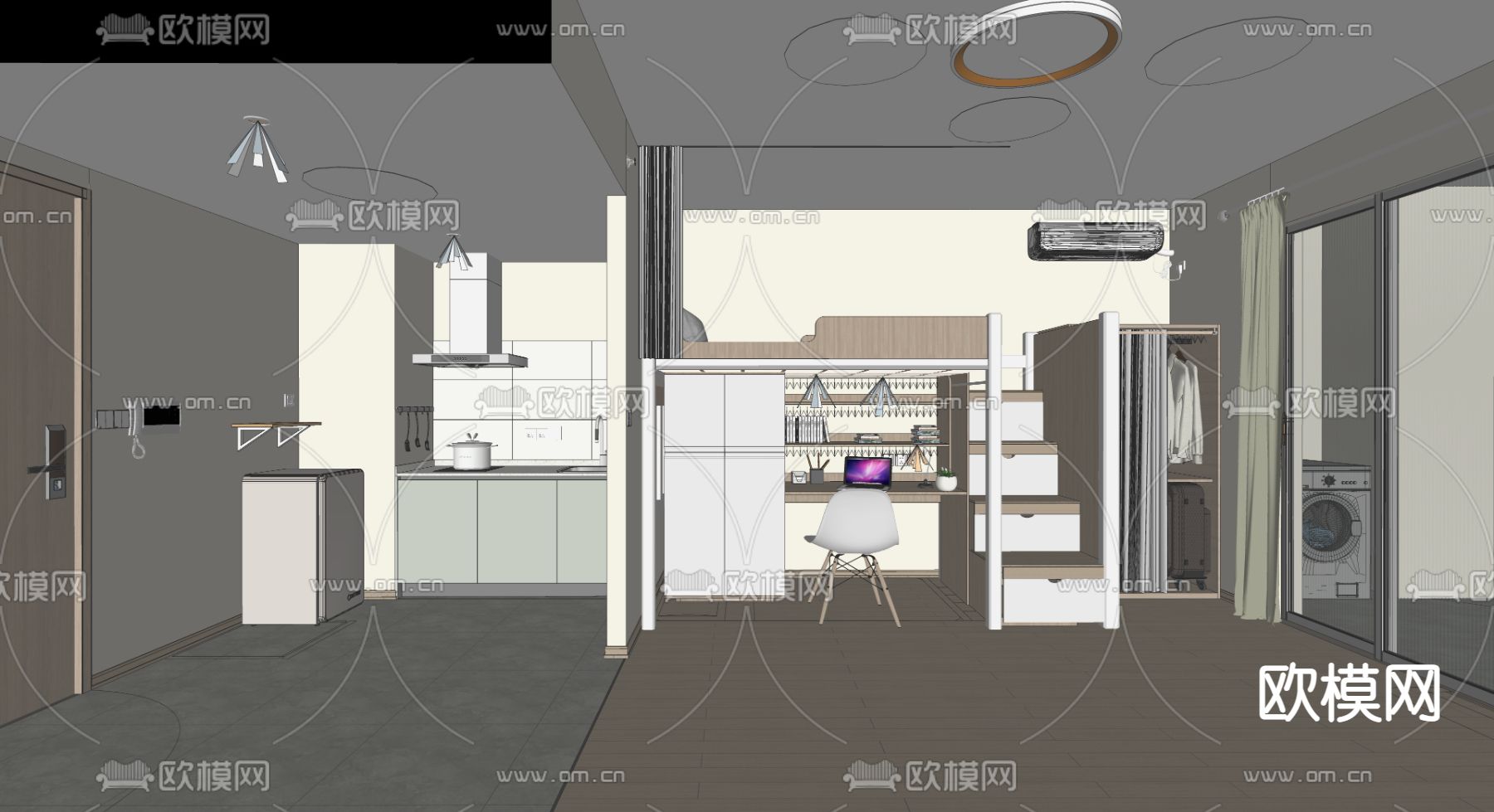 现代单身公寓su模型下载（渲染图2）