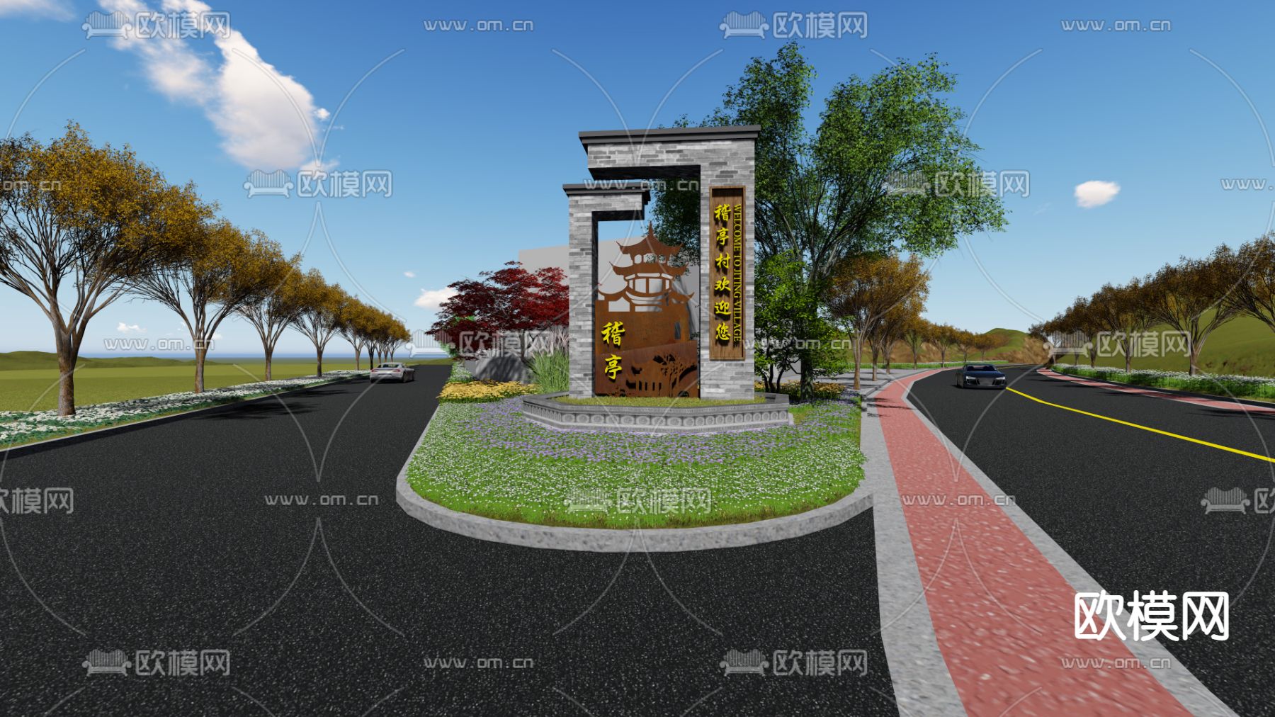 村庄入口导视 标识su模型下载_ID12280577_sketchup模型下载-欧模网