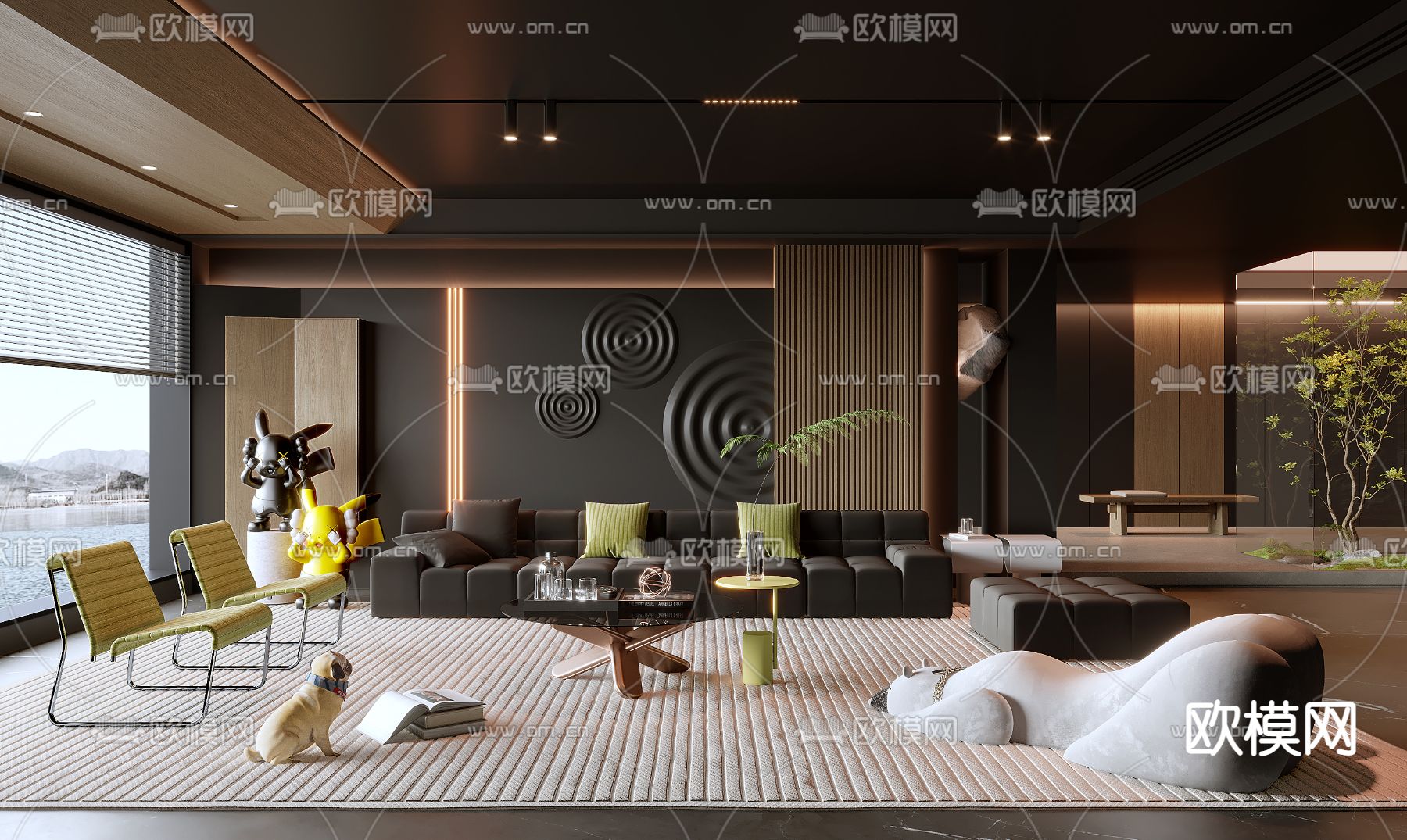 暗黑风客厅3d模型下载（渲染图1）