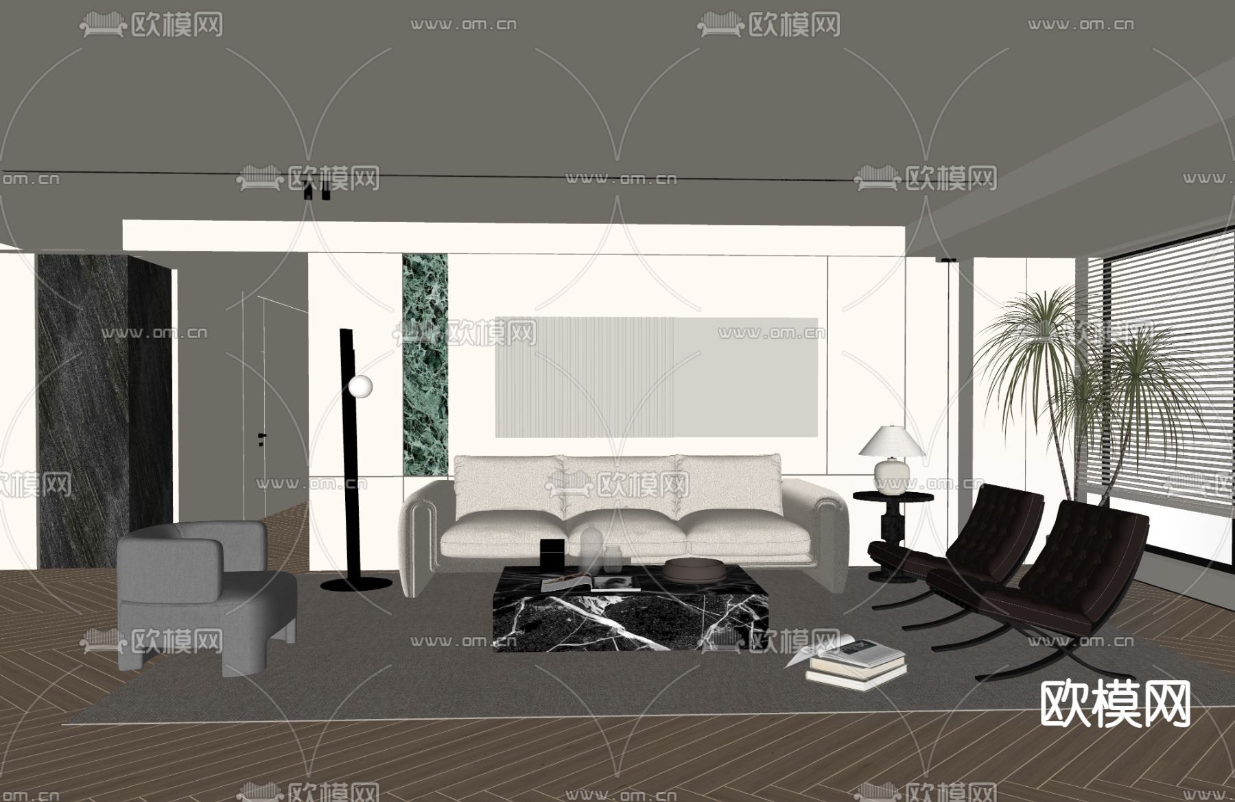 奶油风客厅su模型下载（渲染图2）