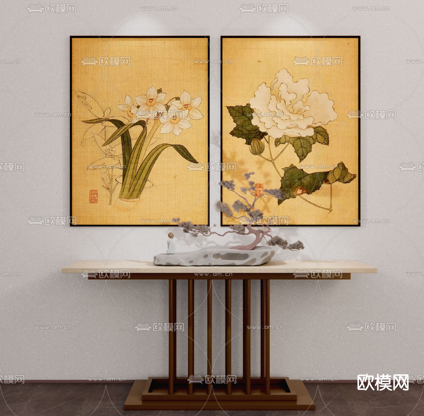 新中式端景台 条案su模型下载（渲染图1）